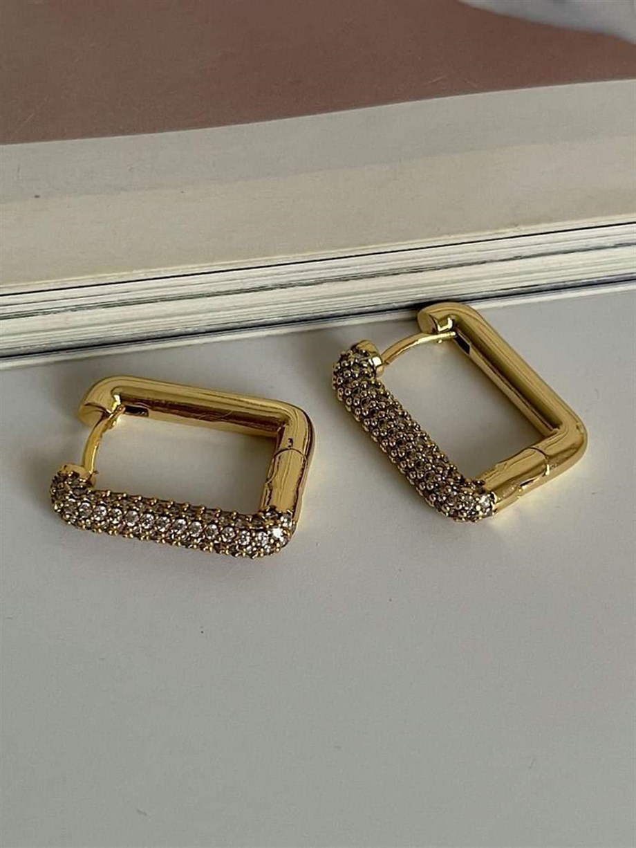 Özel Seri Gold Renk Zirkon Taşlı Kare Küpe (2.10 Cm)