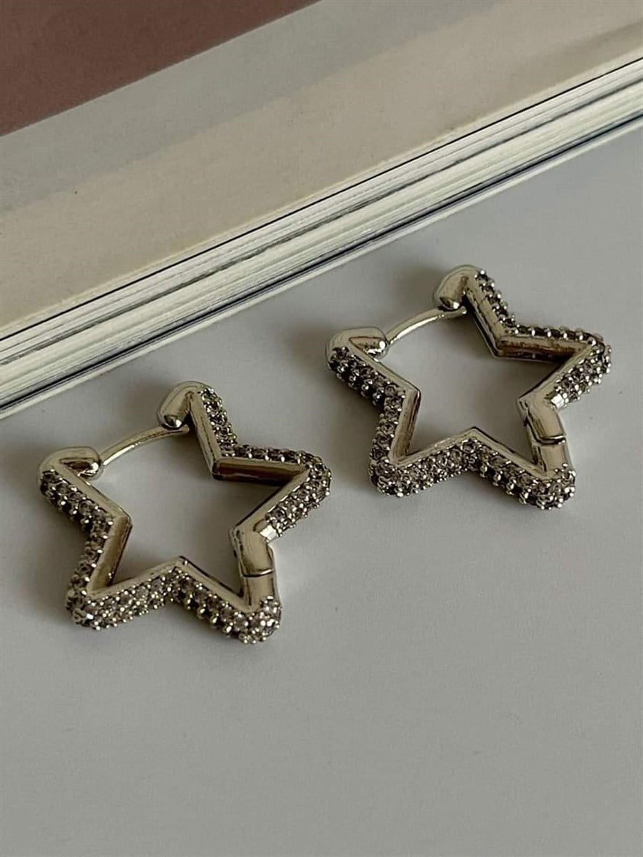 Özel Seri Gümüş Renk Vip Full Zirkon Taşlı Yıldız Küpe (2.20 Cm)