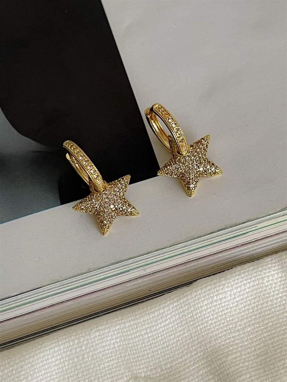 Özel Seri Vİp Gold Renk Full Zirkon Taşlı Yıldız Küpe (2 Cm)