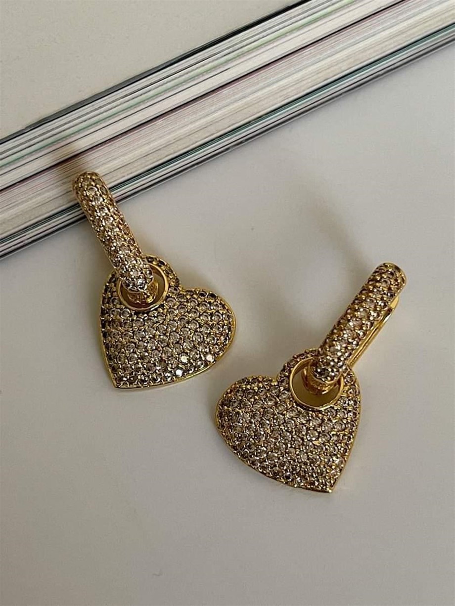 Özel Seri Vip Gold Renk Kalp Zirkon Taşlı Küpe (2.5 Cm)