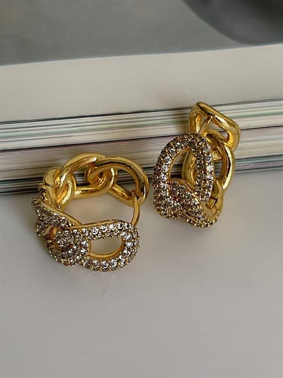 Özel Seri Vip Gold Renk Zincir Desen Zirkon Taşlı Küpe (2 Cm)