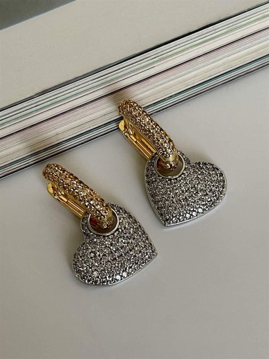 Özel Seri Vip Gold Saplı Gümüş Renk Kalp Zirkon Taşlı Küpe (2.5 Cm)