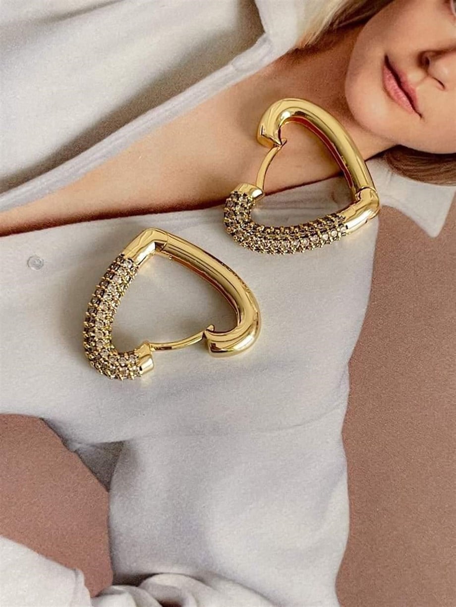 Özel Seri Vip Gold Zirkon Taşlı Kalp Küpe (2 Cm)