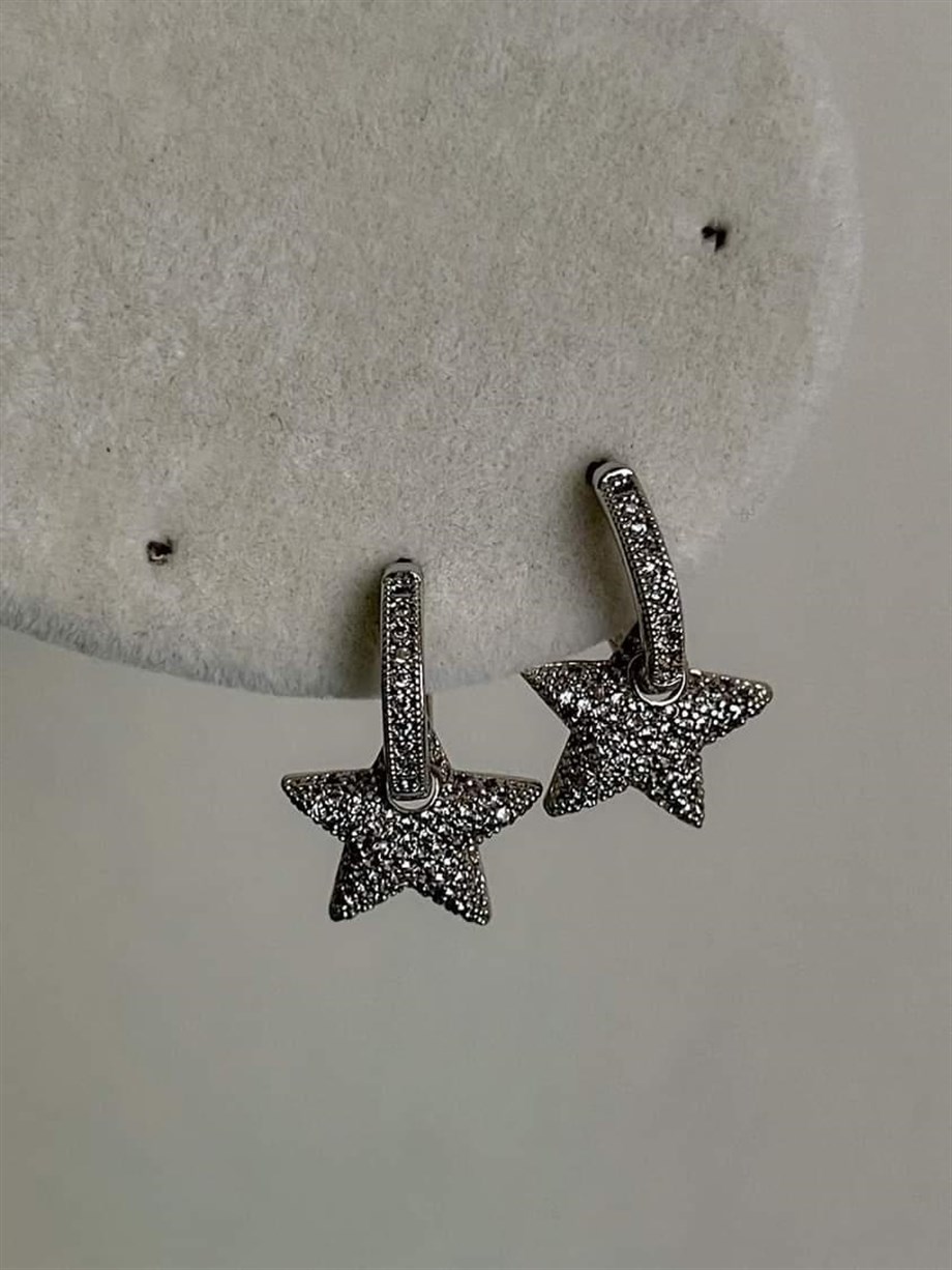 Özel Seri Vip Gümüş Renk Full Zirkon Taşlı Yıldız Küpe (2 Cm)
