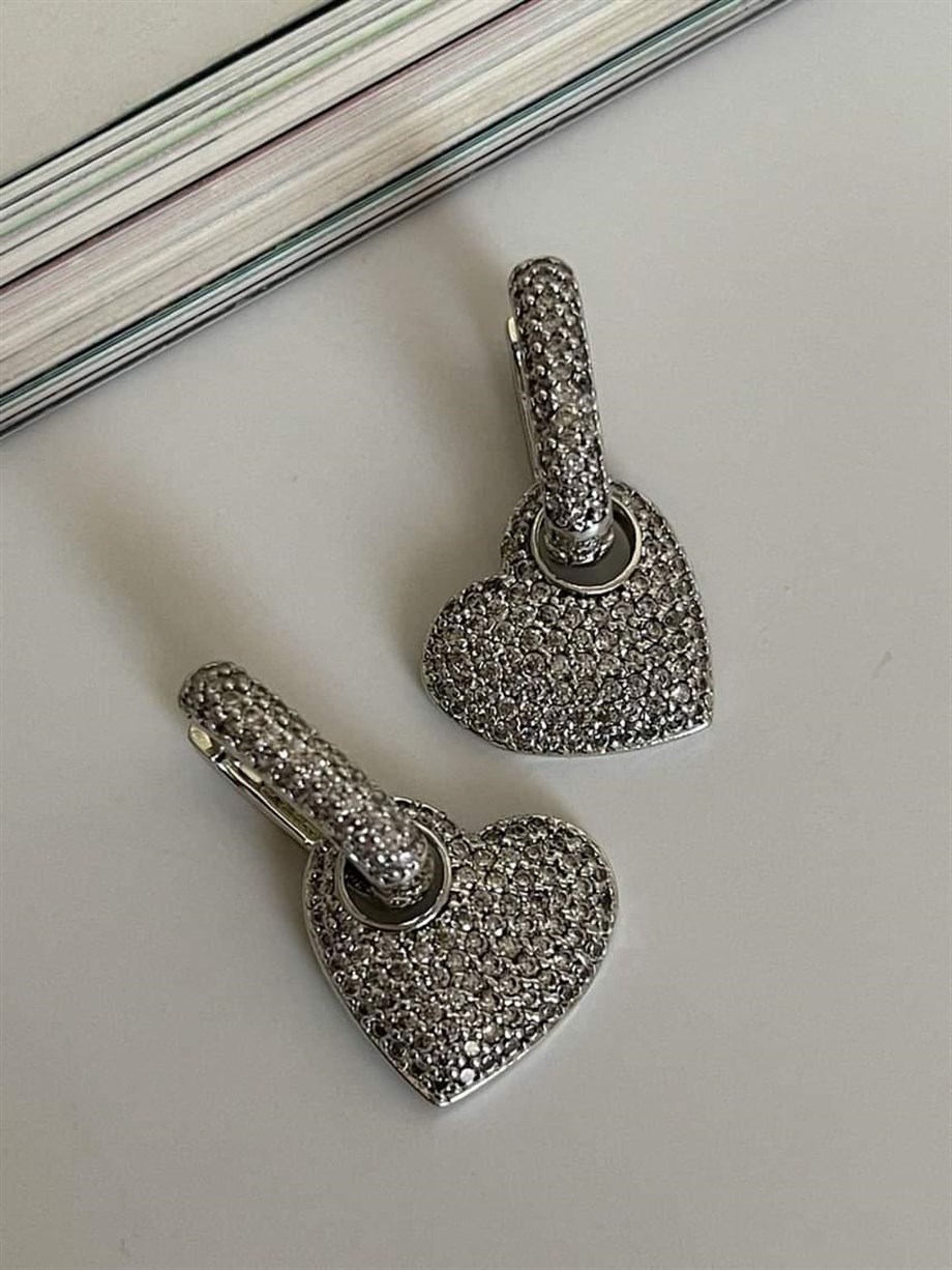 Özel Seri Vip Gümüş Renk Kalp Zirkon Taşlı Küpe (2.5 Cm)