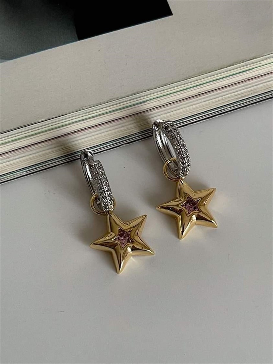 Özel Seri Vip Pembe Taşlı Yıldız Küpe (3 Cm)