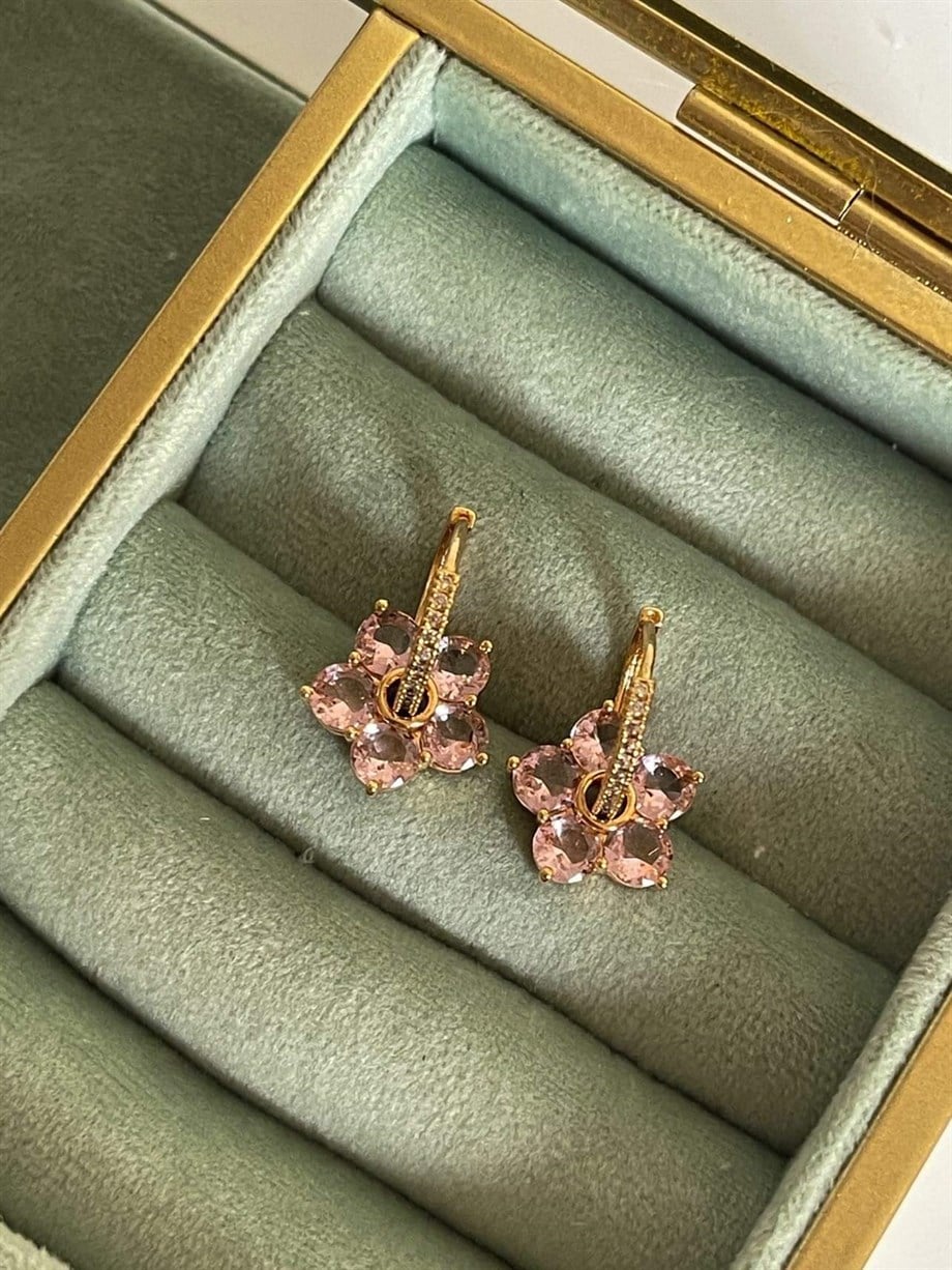 Pembe Baget Taşlı Çiçek Küpe (2 Cm)