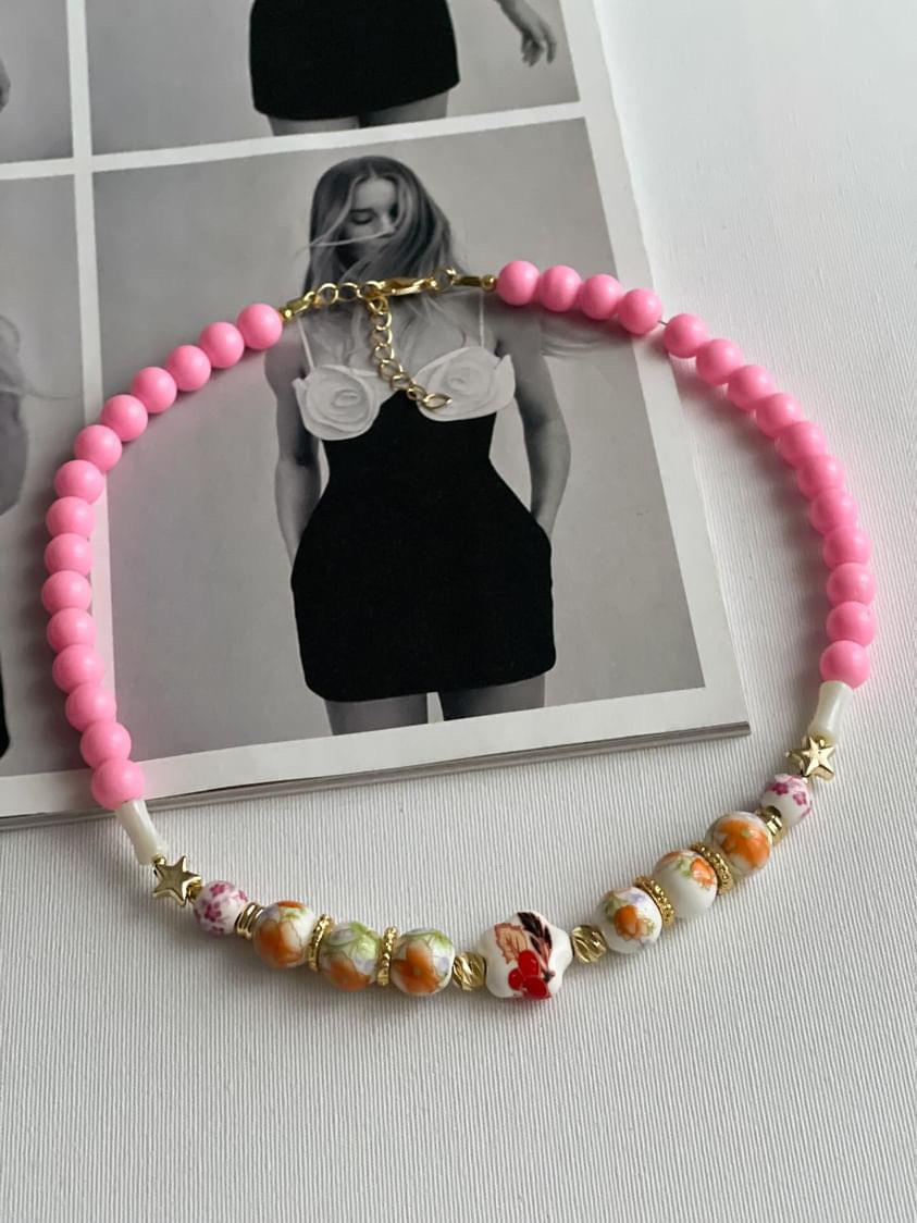 Pembe Desenli Cam Nazar Boncuklu Summer Kolye (43 Cm)