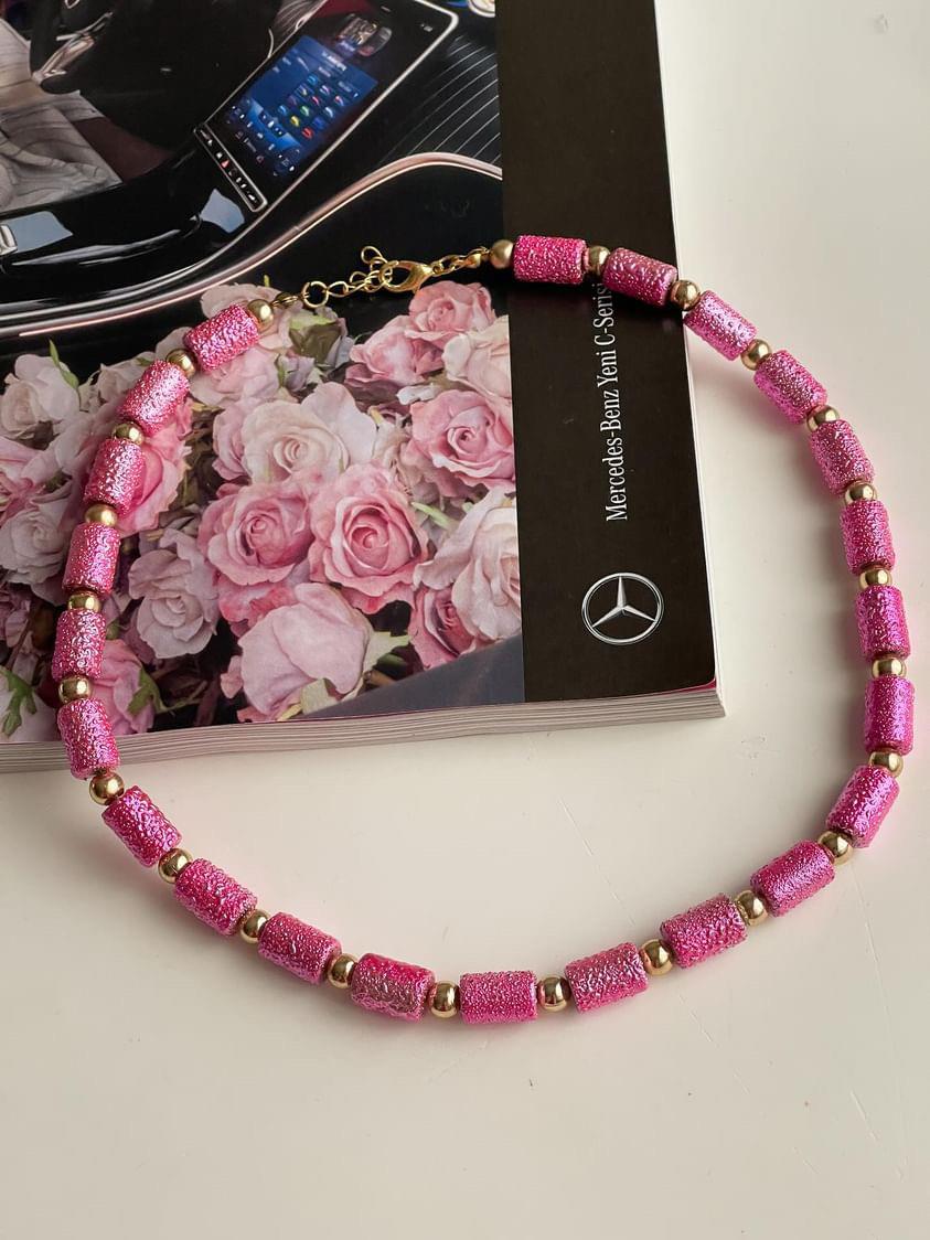 Pembe Silindir Boncuklu Summer Kolye (46 Cm)