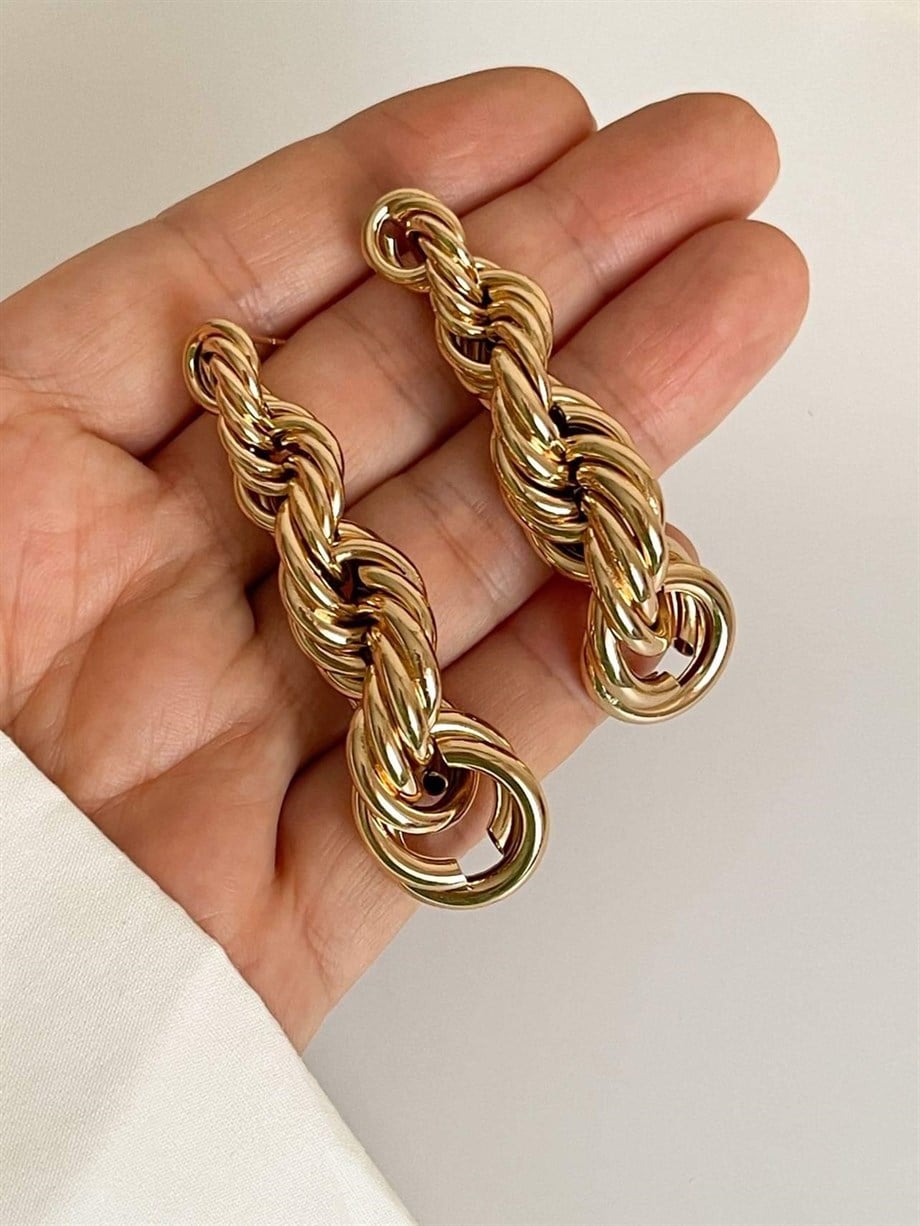 Pirinç Üzerine Mikro Altın Kaplama Burgu Luvaj Premium Küpe (6.40 Cm)