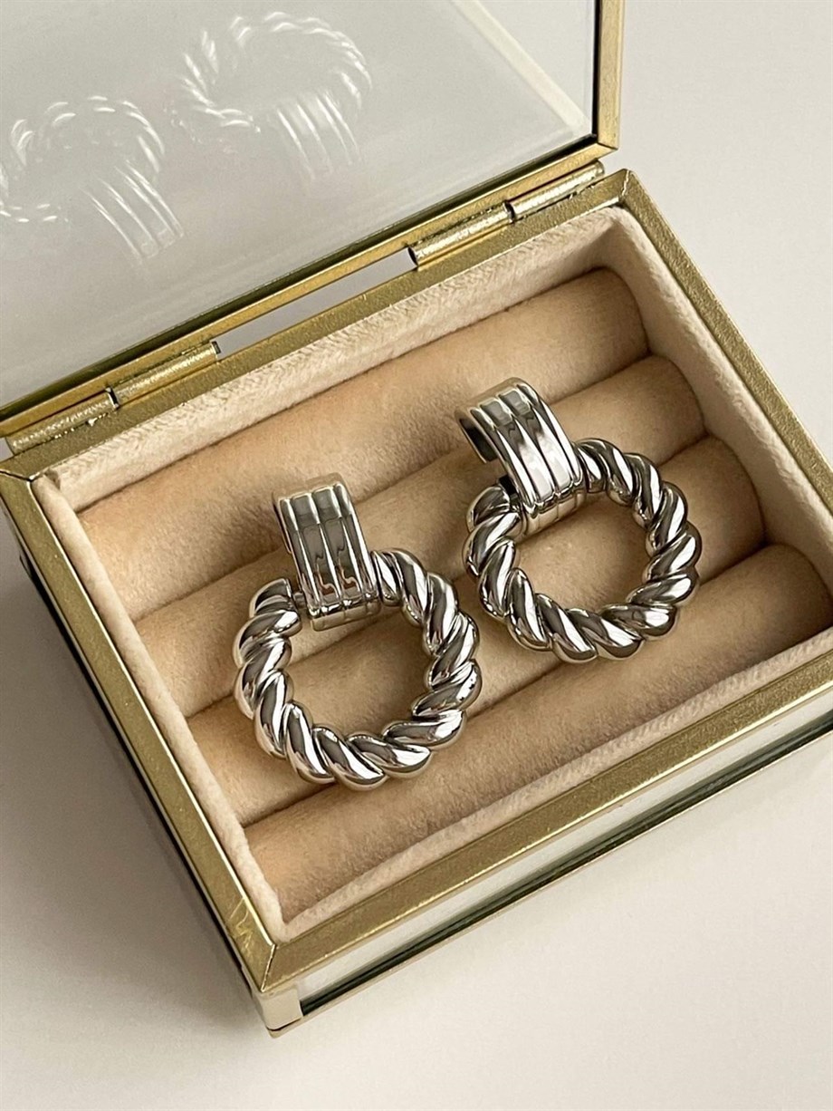 Pleksi Gümüş Renk Halka Viintage Küpe (4 Cm)