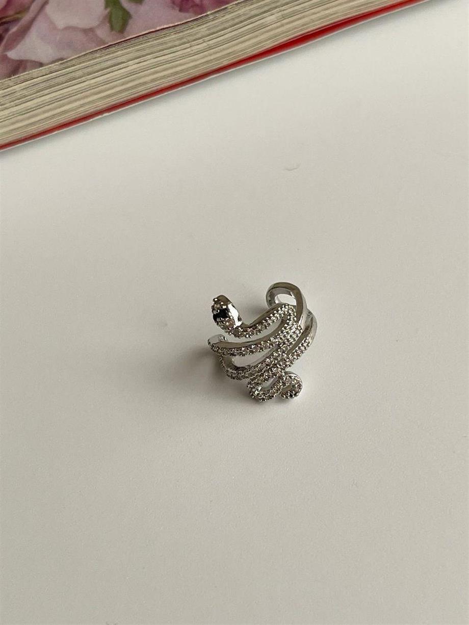 Zirkon Taşlı Gümüş Renk Tekli Snake Ear Cuff Küpe 