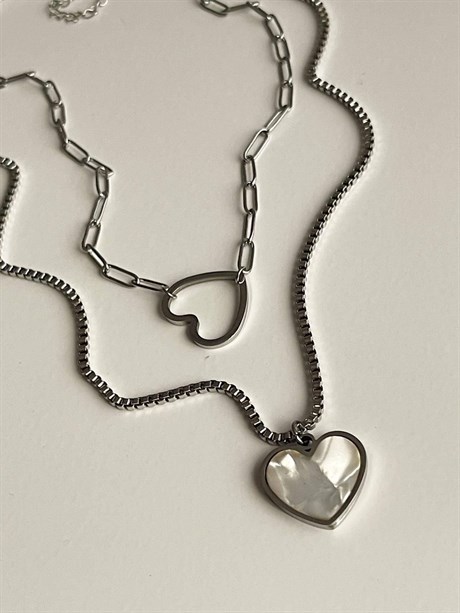 Çelik Gümüş Renk Sedefli Kalp İkili Birleşik Kombin Kolye (47 cM)