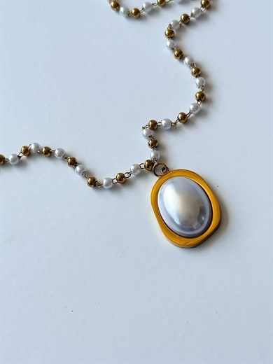 Çelik Gold İnci Detaylı Kolye (47 Cm)