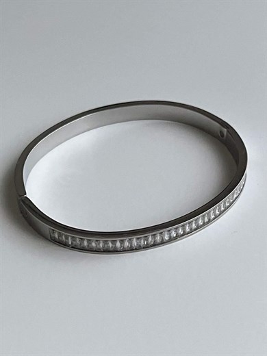 Çelik Gümüş Renk Baget Taşlı Kelepçe Bileklik (6 Cm)