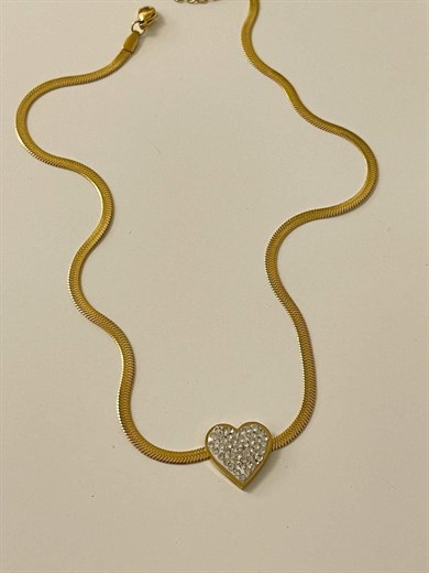 Çelik İtalyan Zincir Kalpli Taşlı kolye (45 Cm)