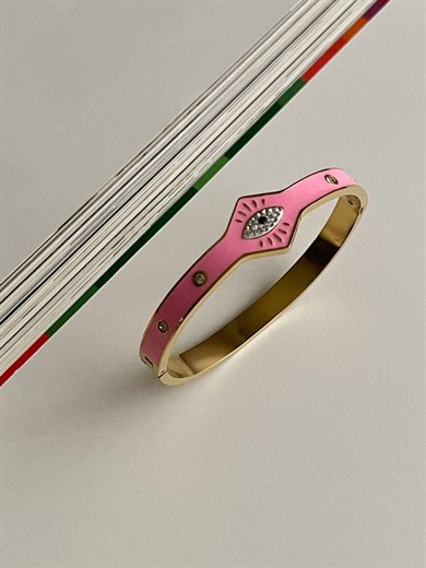 Çelik Pembe Göz Detaylı Kelepçe Bileklik (6.20 Cm)