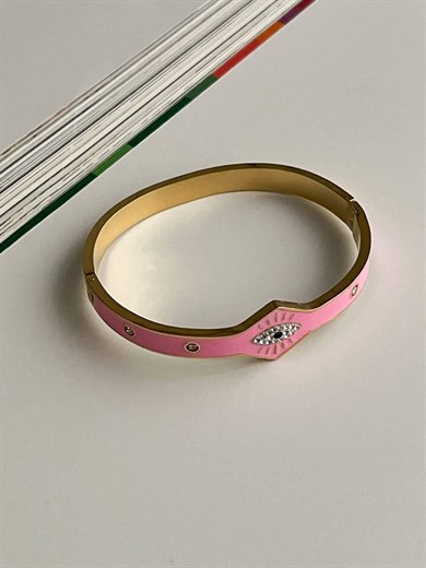 Çelik Pembe Göz Detaylı Kelepçe Bileklik (6.20 Cm)