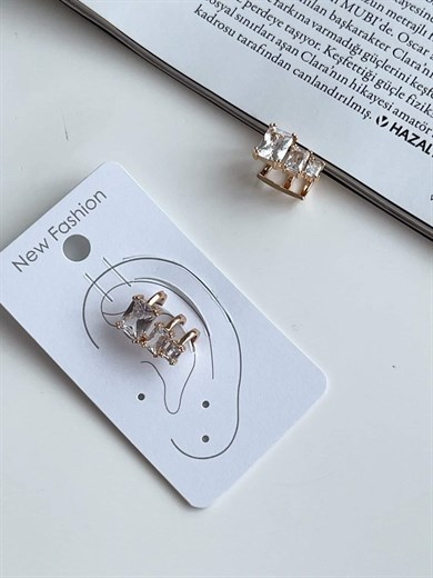 Özel Kaplama Gold Renk Baget Taşlı Tekli Ear Cuff Küpe (1.50 Cm)