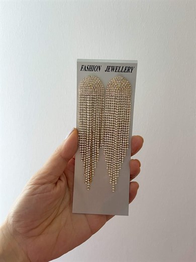 Özel Kaplama Gold Renk Zirkon Taşlı Premium Uzun Küpe (12 Cm)
