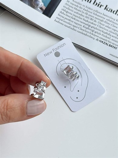Özel Kaplama Gümüş Renk Baget Taşlı Tekli Ear Cuff Küpe(1.50 Cm)