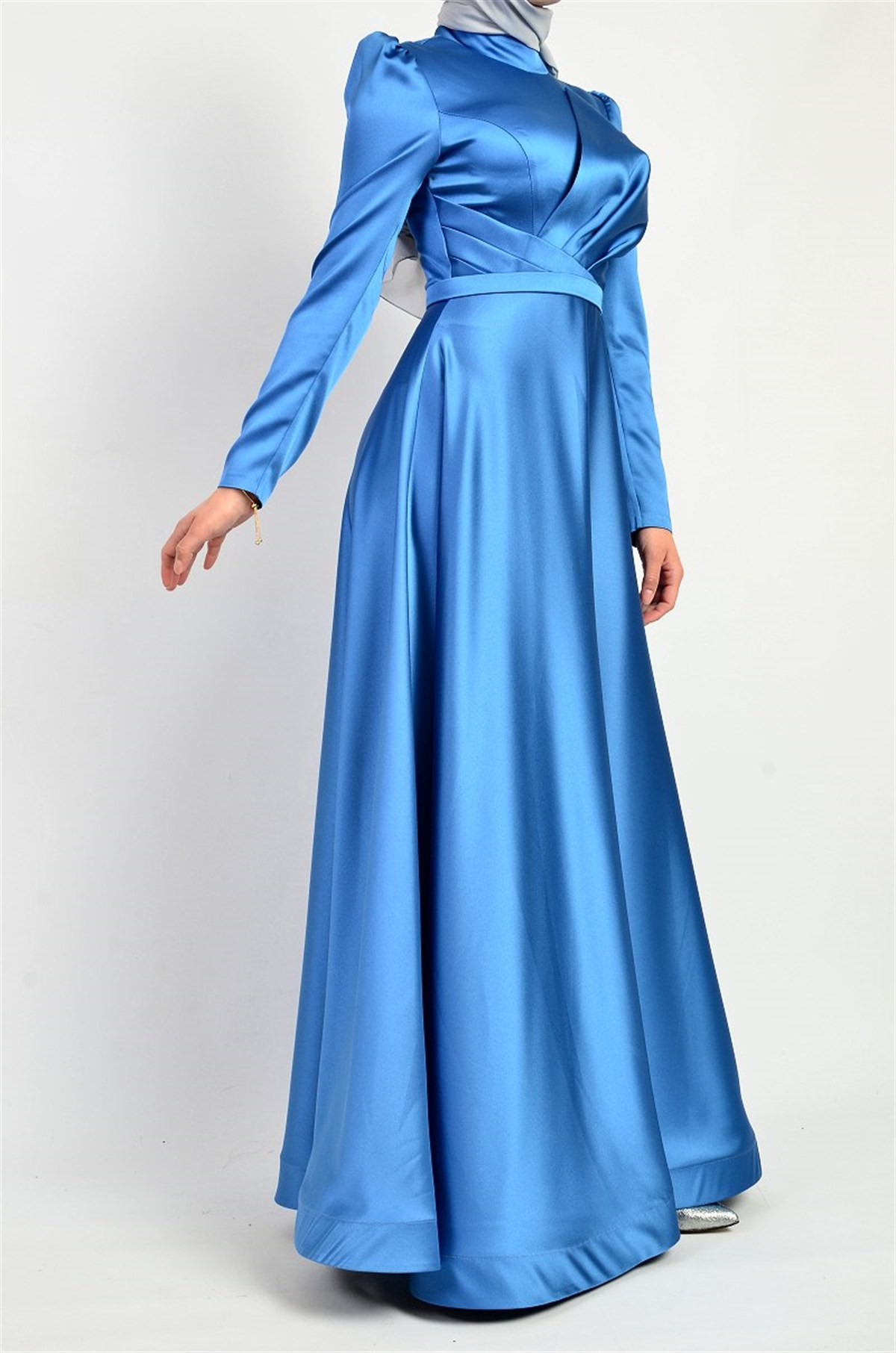 Saten Abiye Elbise Tesettür Model 2307-İNDİGO