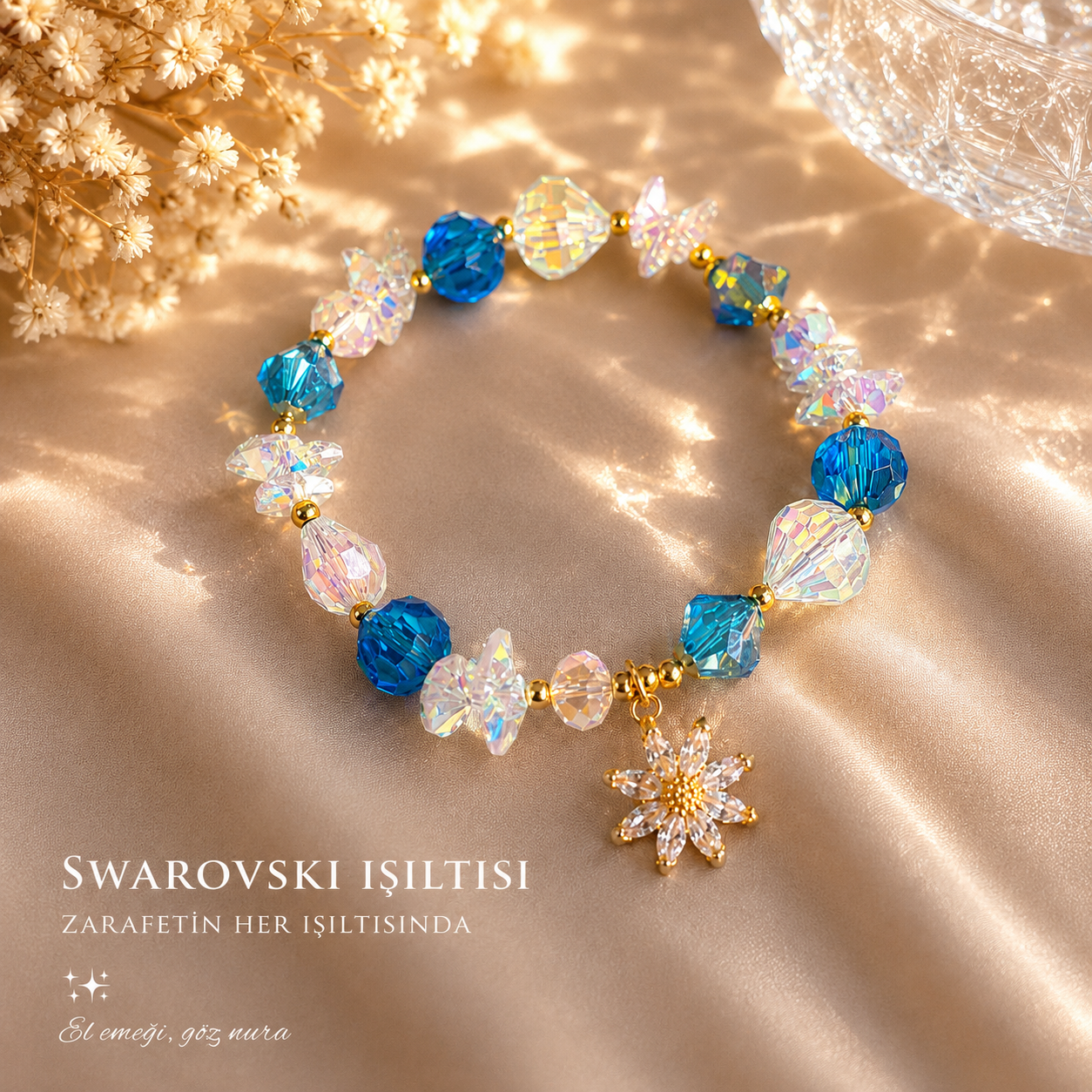 Swarovski Çiçek Detaylı Mavi Bileklik