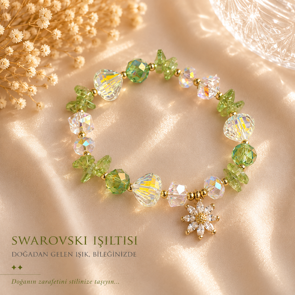 Swarovski Çiçek Sallantılı Yeşil Bileklik