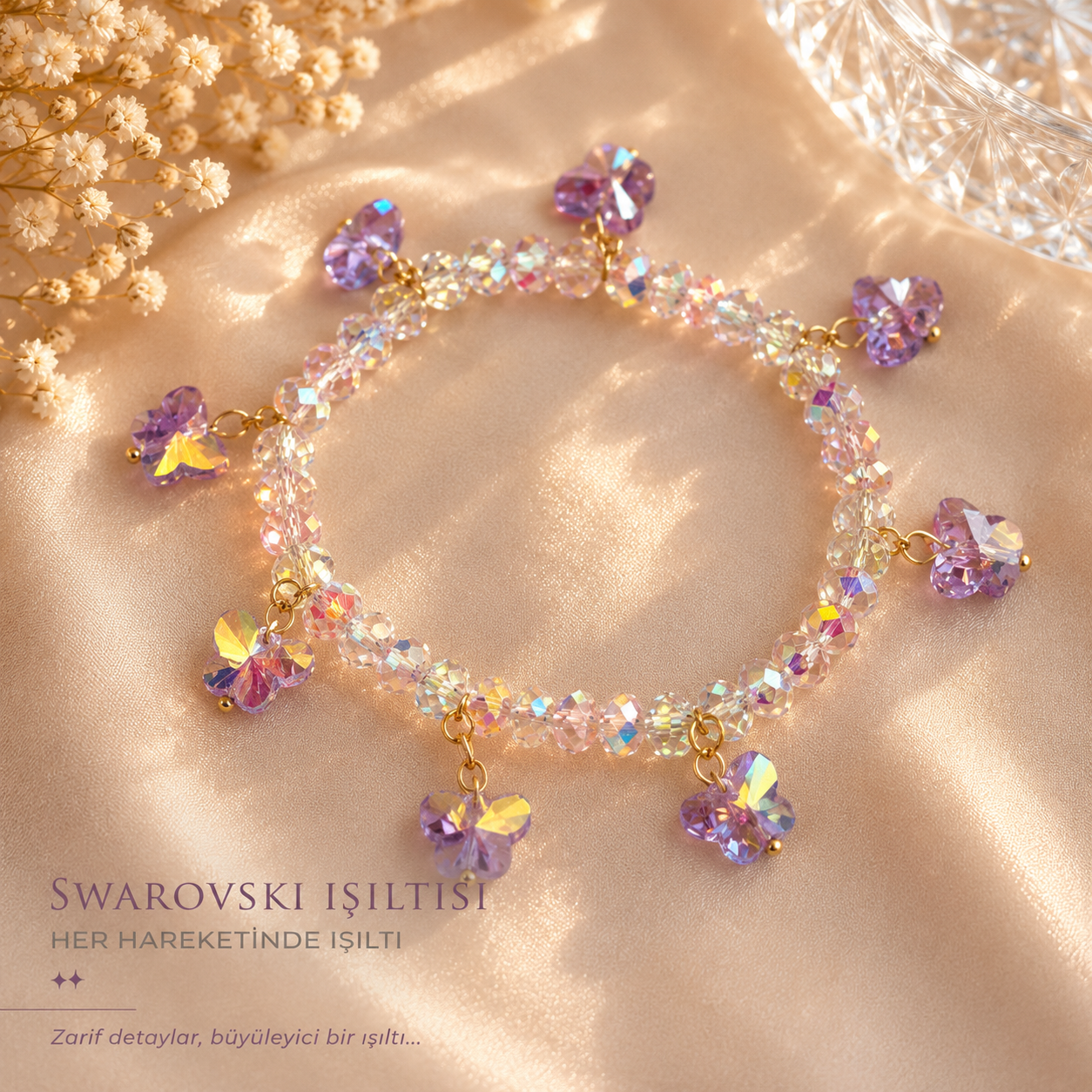 Swarovski Mor Kelebek Sallantılı Bileklik