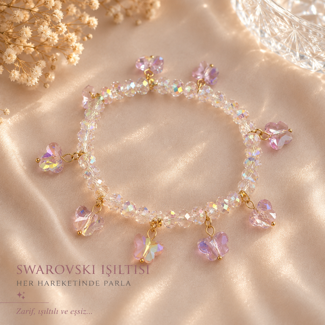 Swarovski Pembe Kelebek Sallantılo Bileklik