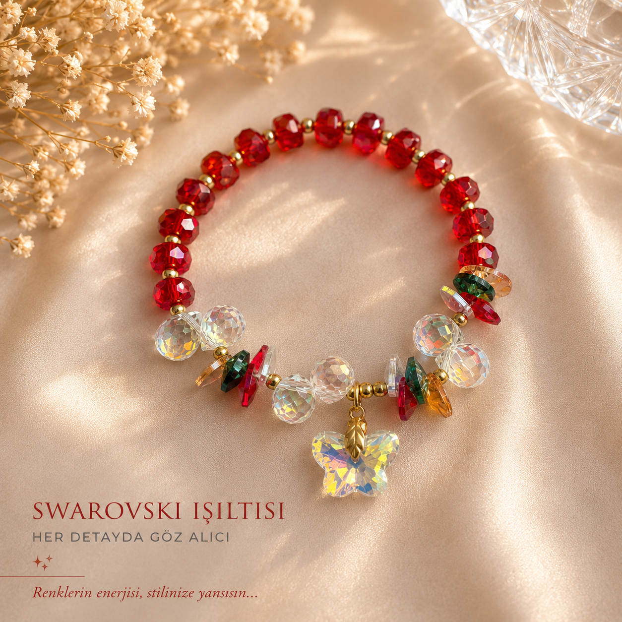 Swarovski Taşlı Kırmızı Bileklik