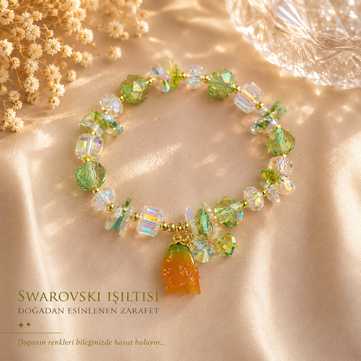 Swarovski Turuncu Çiçek Sallantılı Yeşil Bileklik