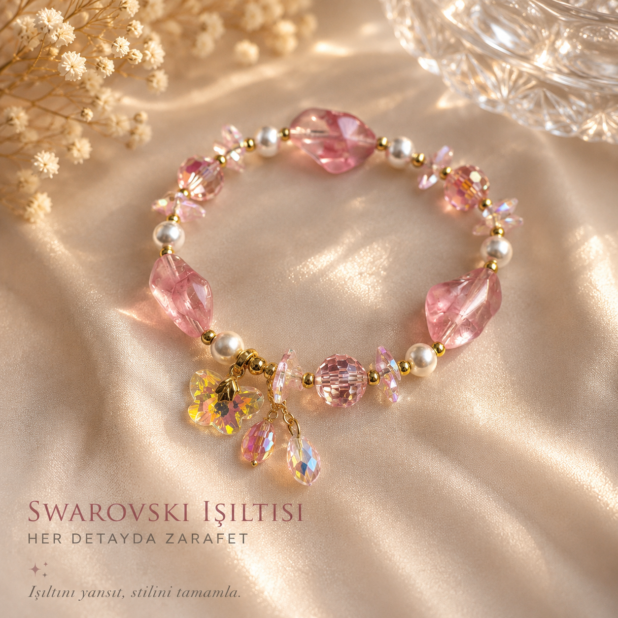 Swarovski İnci-Pembe Kelebek Sallantılı Bileklik