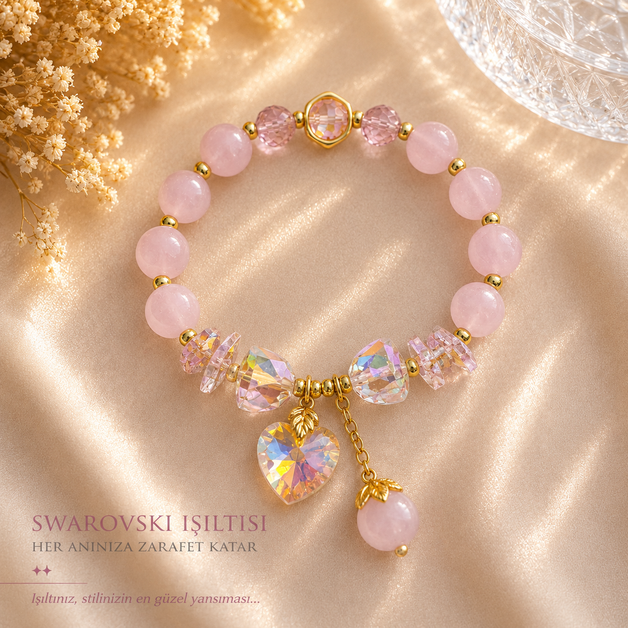 Swarovski Kalp Sallantılı Pembe Bileklik