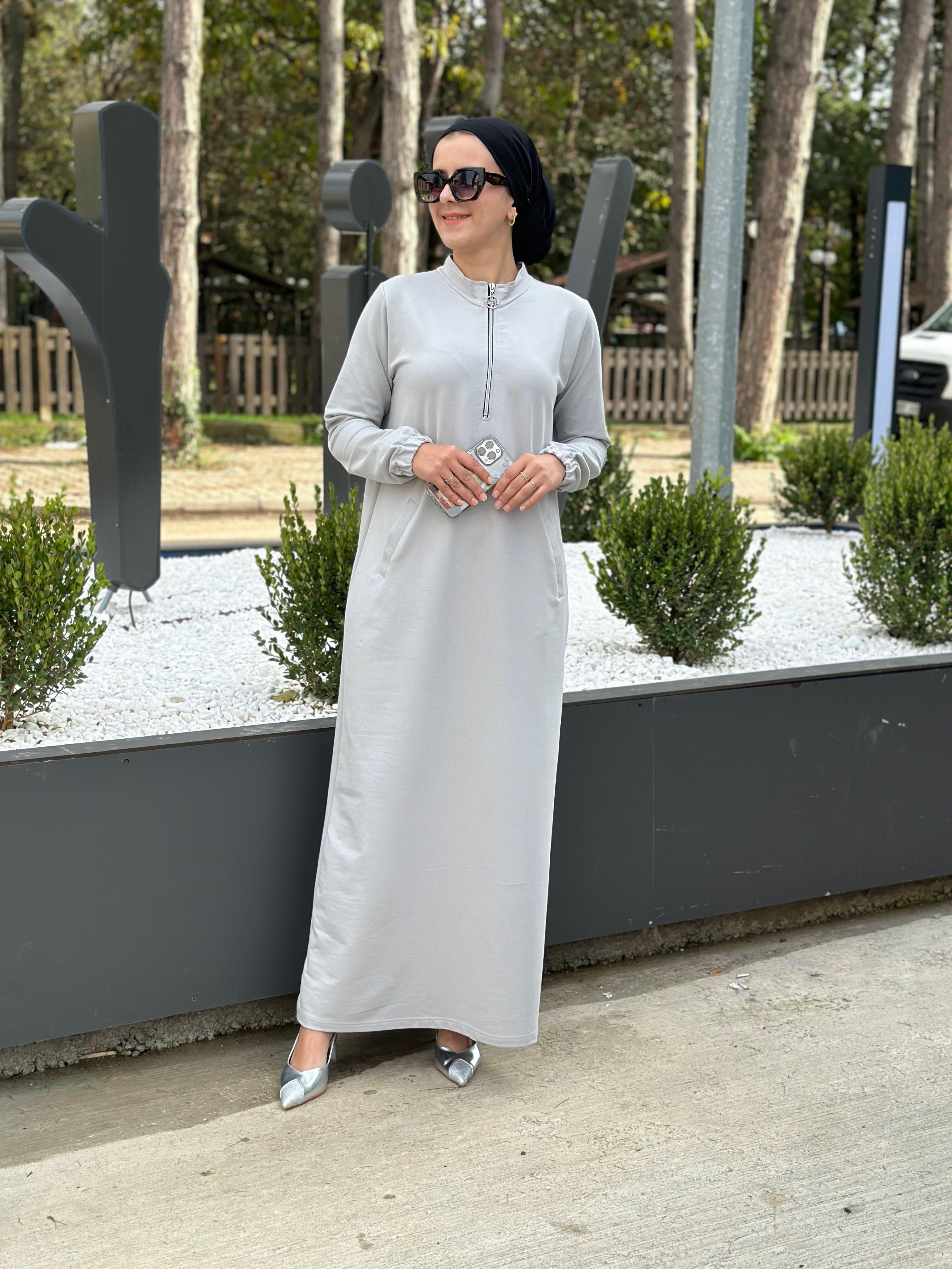 Güneş Kombin Cepli Fermuarlı Tesettür Elbise Gri
