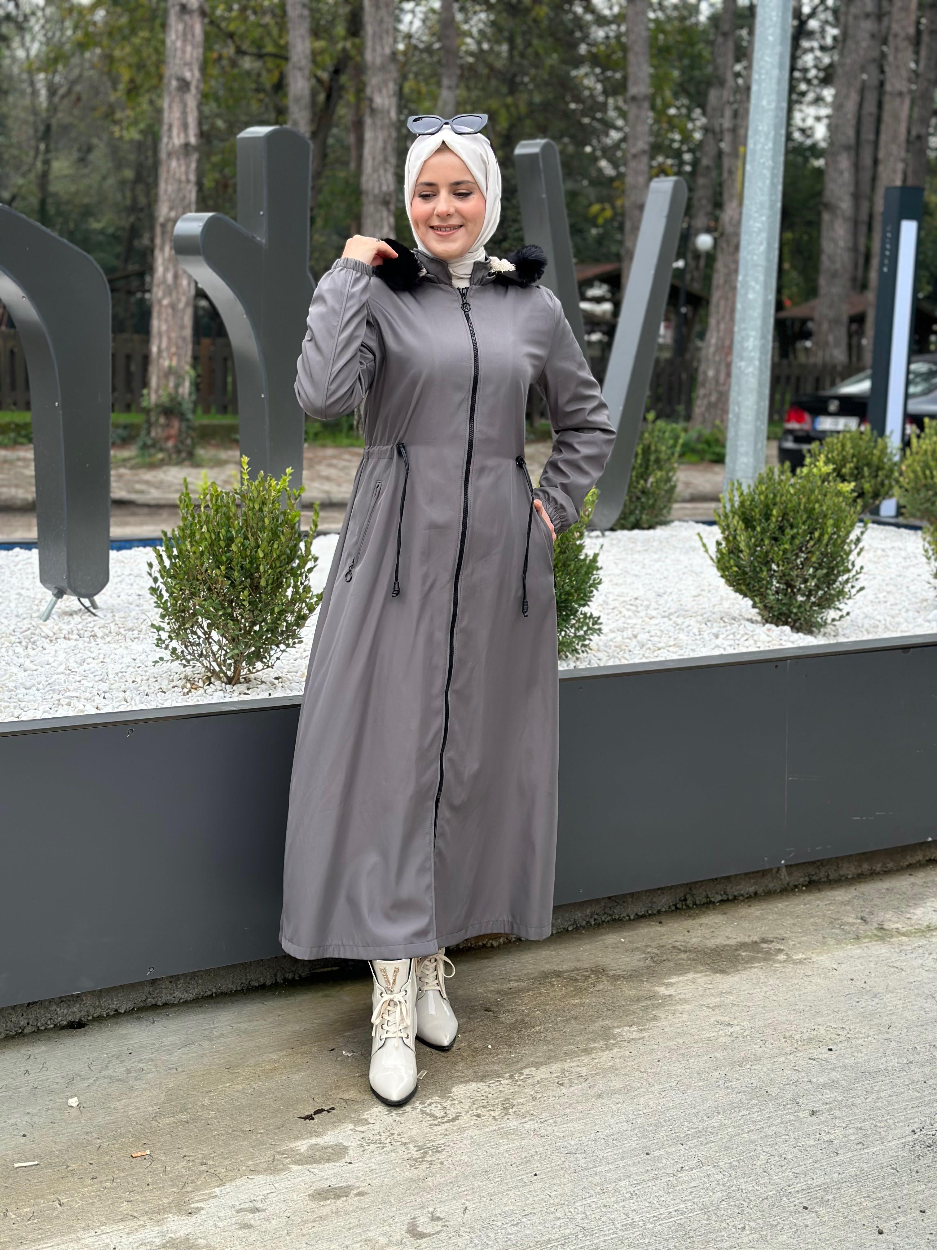 Güneş Kombin İçi Pamuk Kürklü Kaban Gri