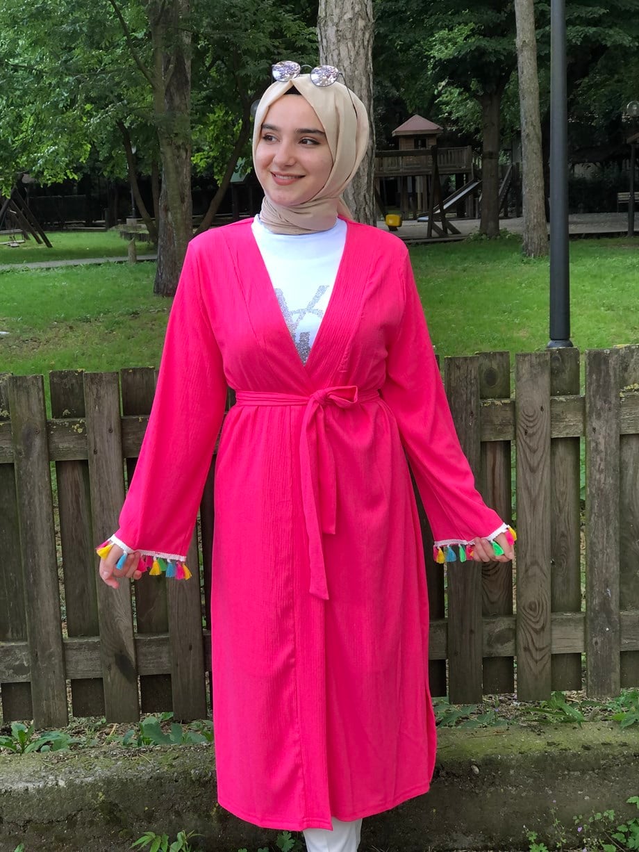 KADIN KİMONO PÜSKÜLLÜ PEMBE