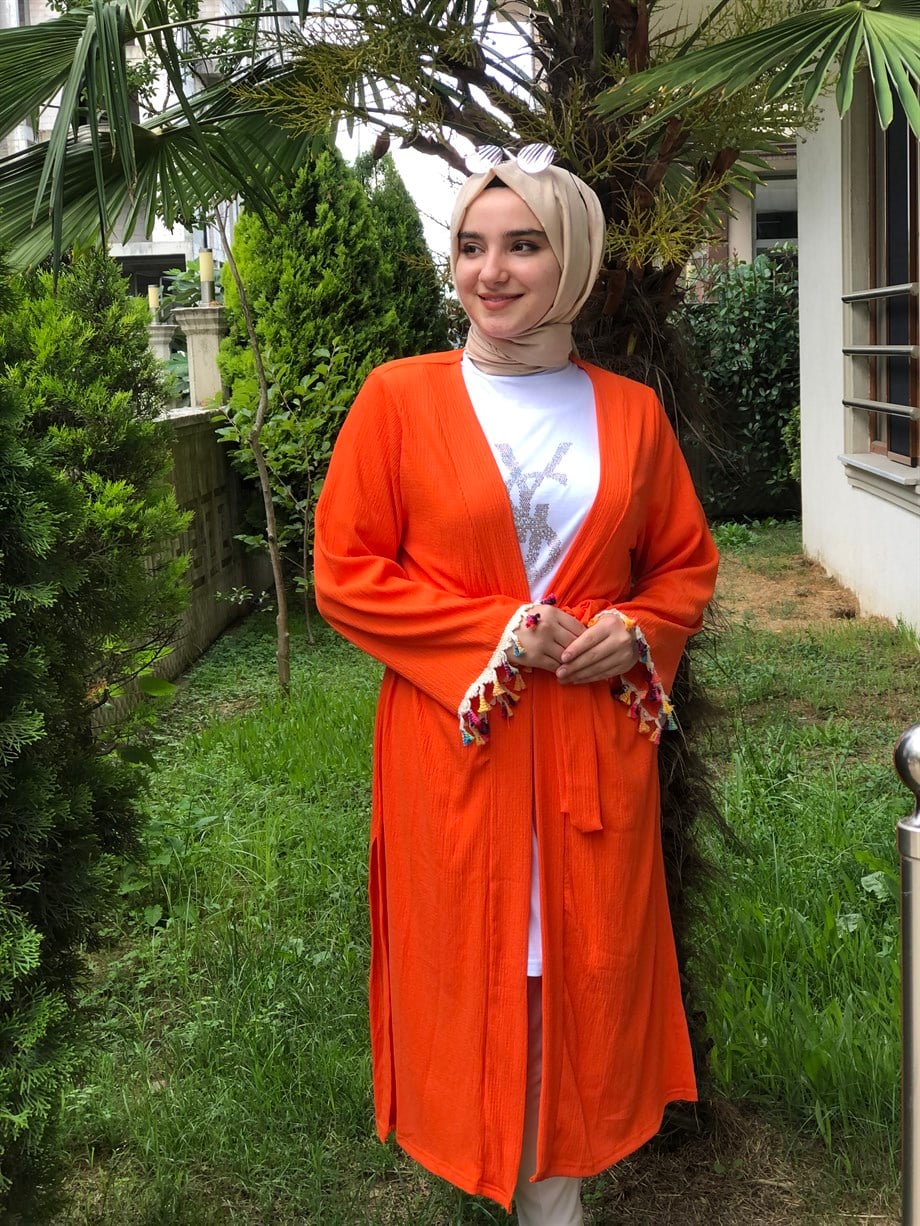 KADIN KİMONO PÜSKÜLLÜ TURUNCU
