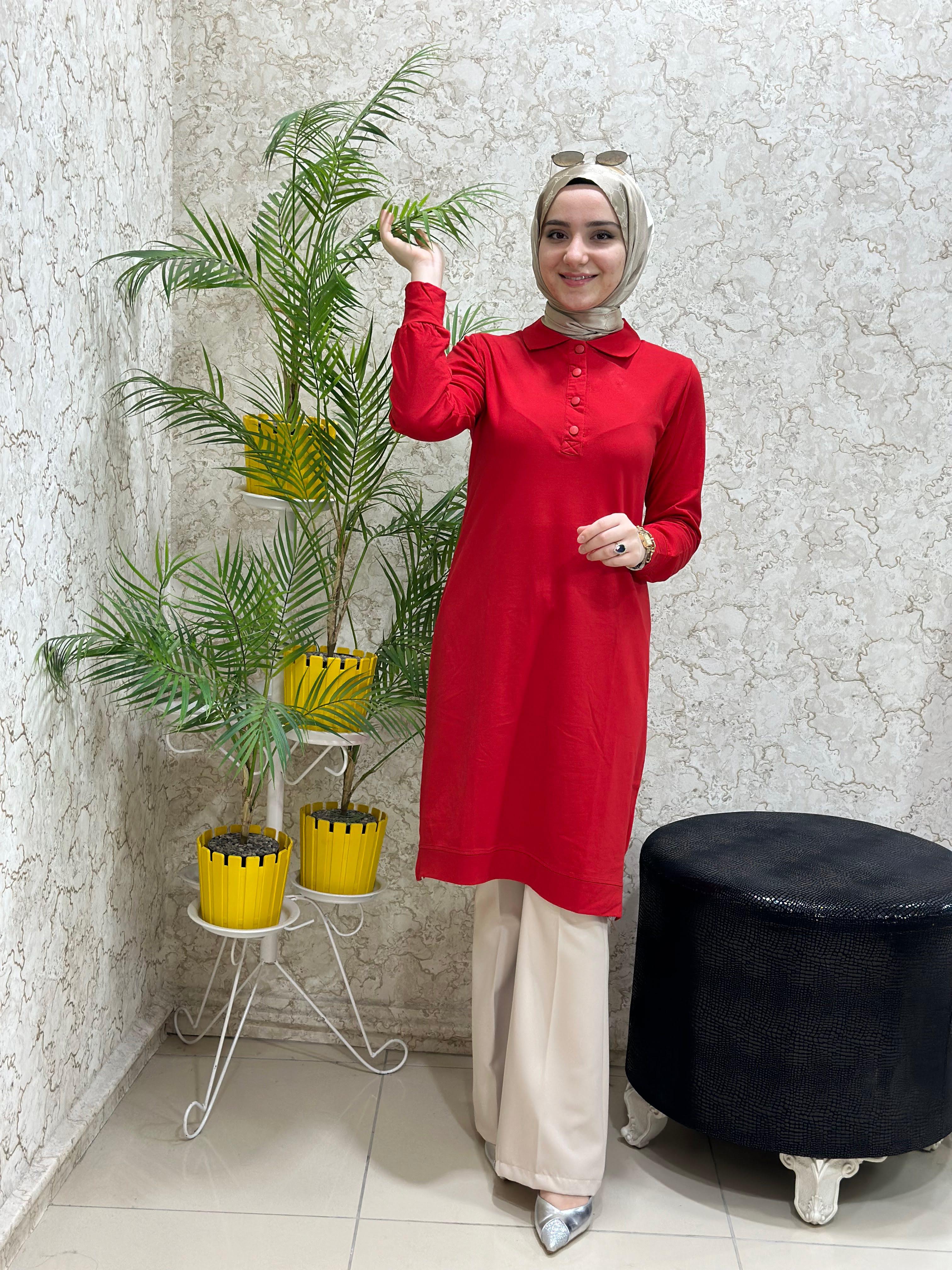 Yeni Lacoste Kumaş Tesettür Tunik Kırmızı