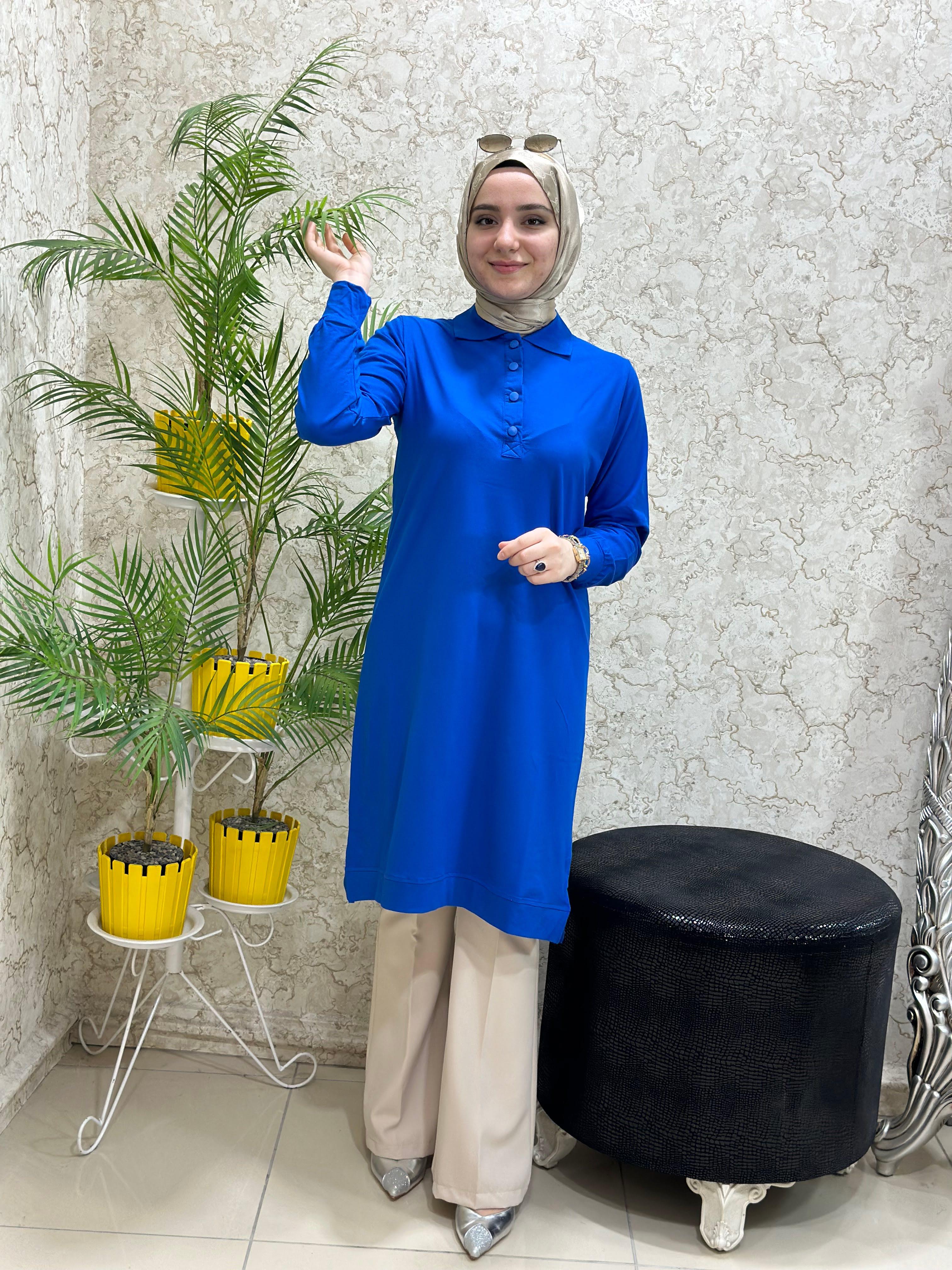 Yeni Lacoste Kumaş Tesettür Tunik Saks Mavisi