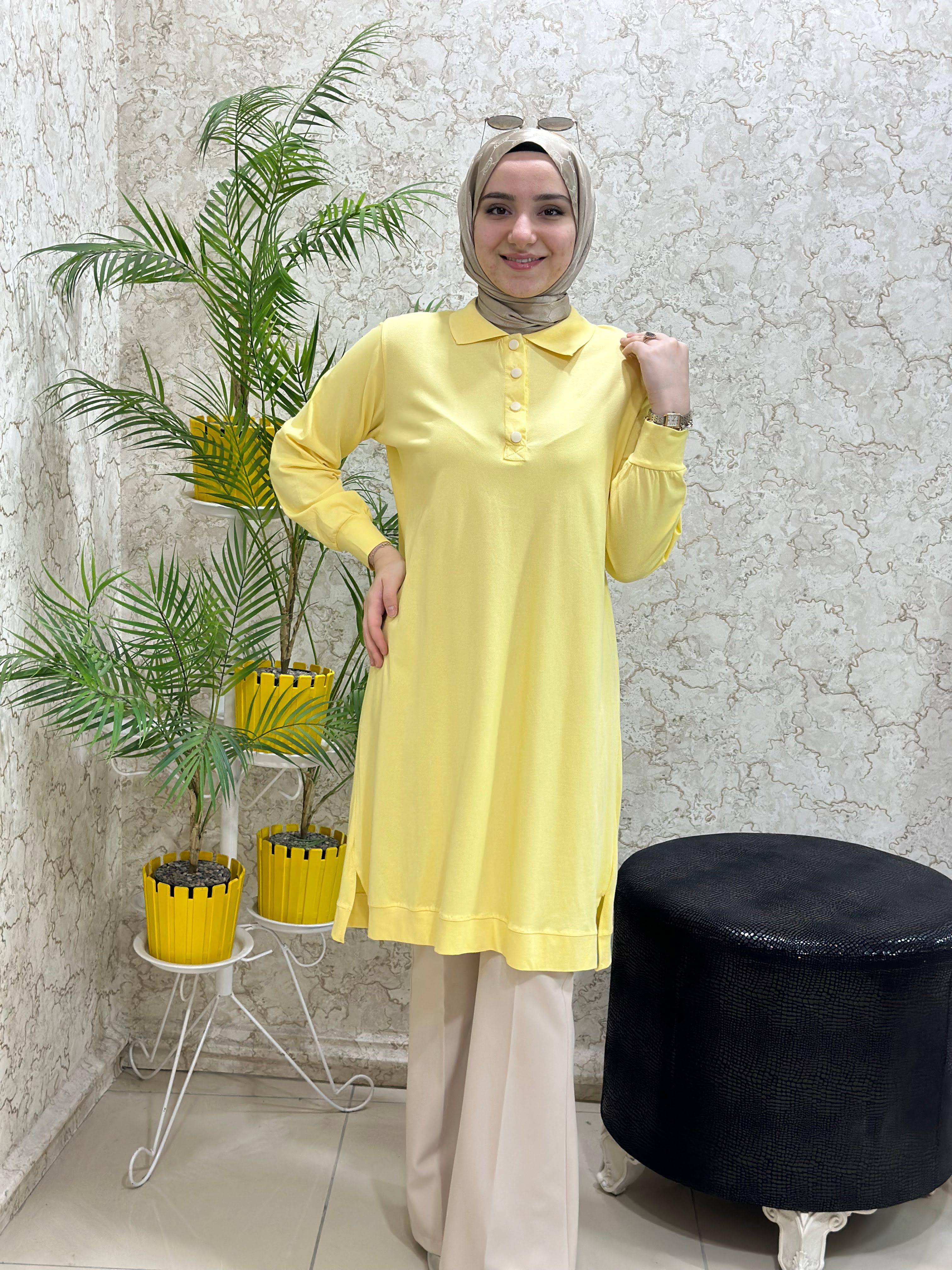 Yeni Lacoste Kumaş Tesettür Tunik Sarı