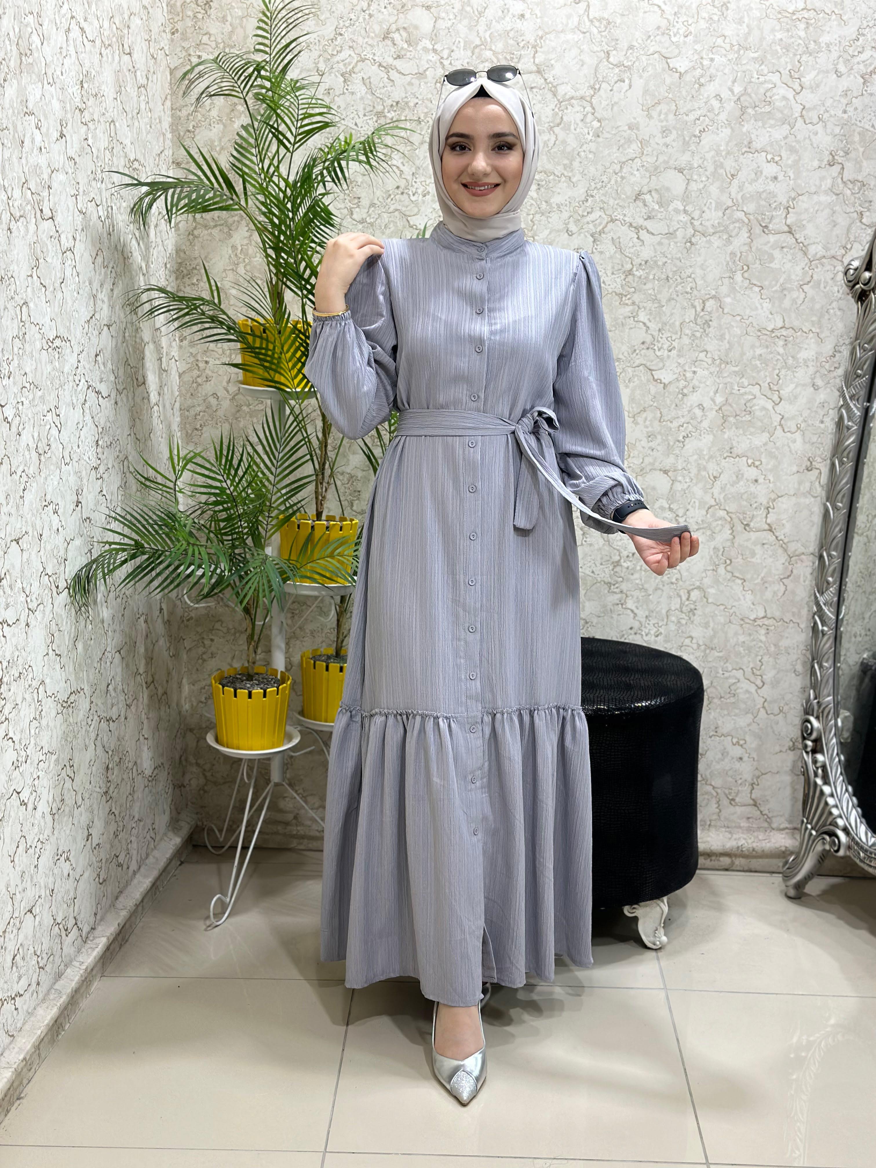 Güneş Bürümcük Tesettür Elbise Gri