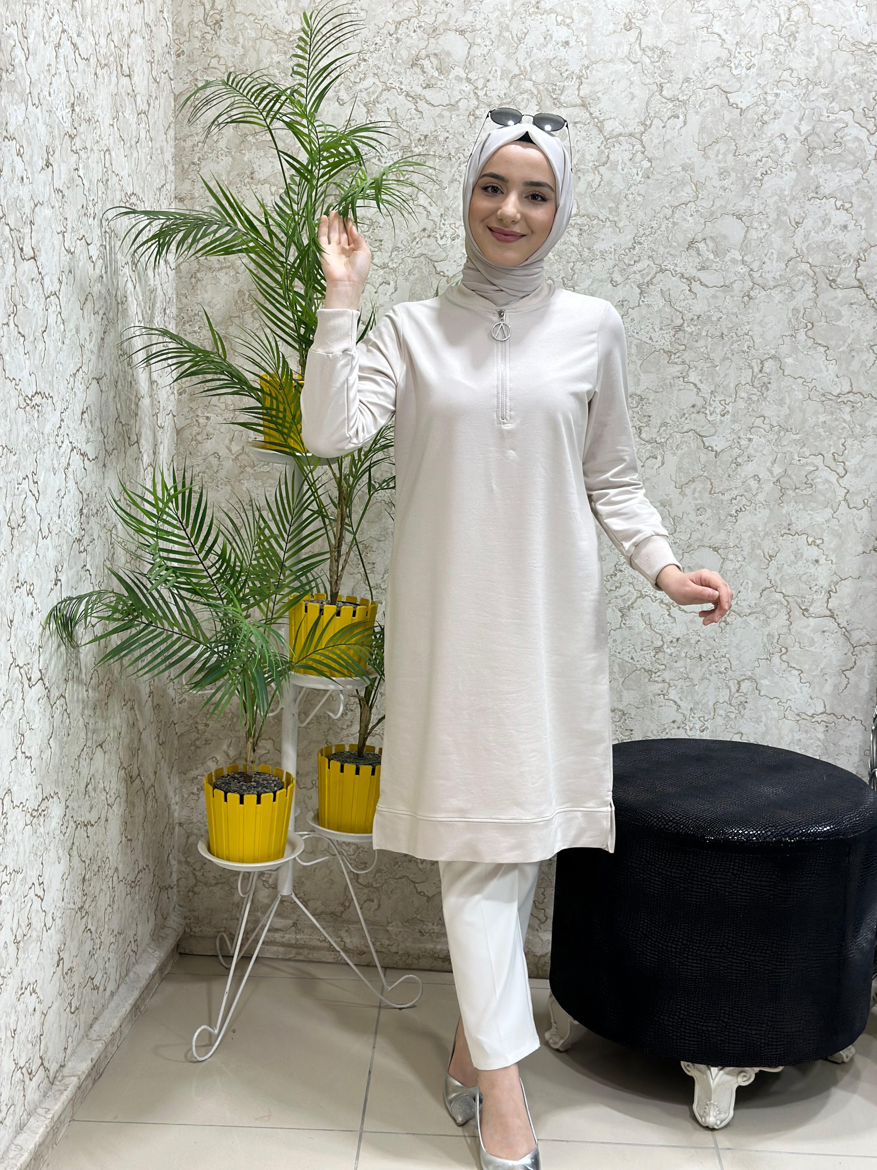 Güneş Fermuar Yakalı Tesettür Tunik Taş Rengi