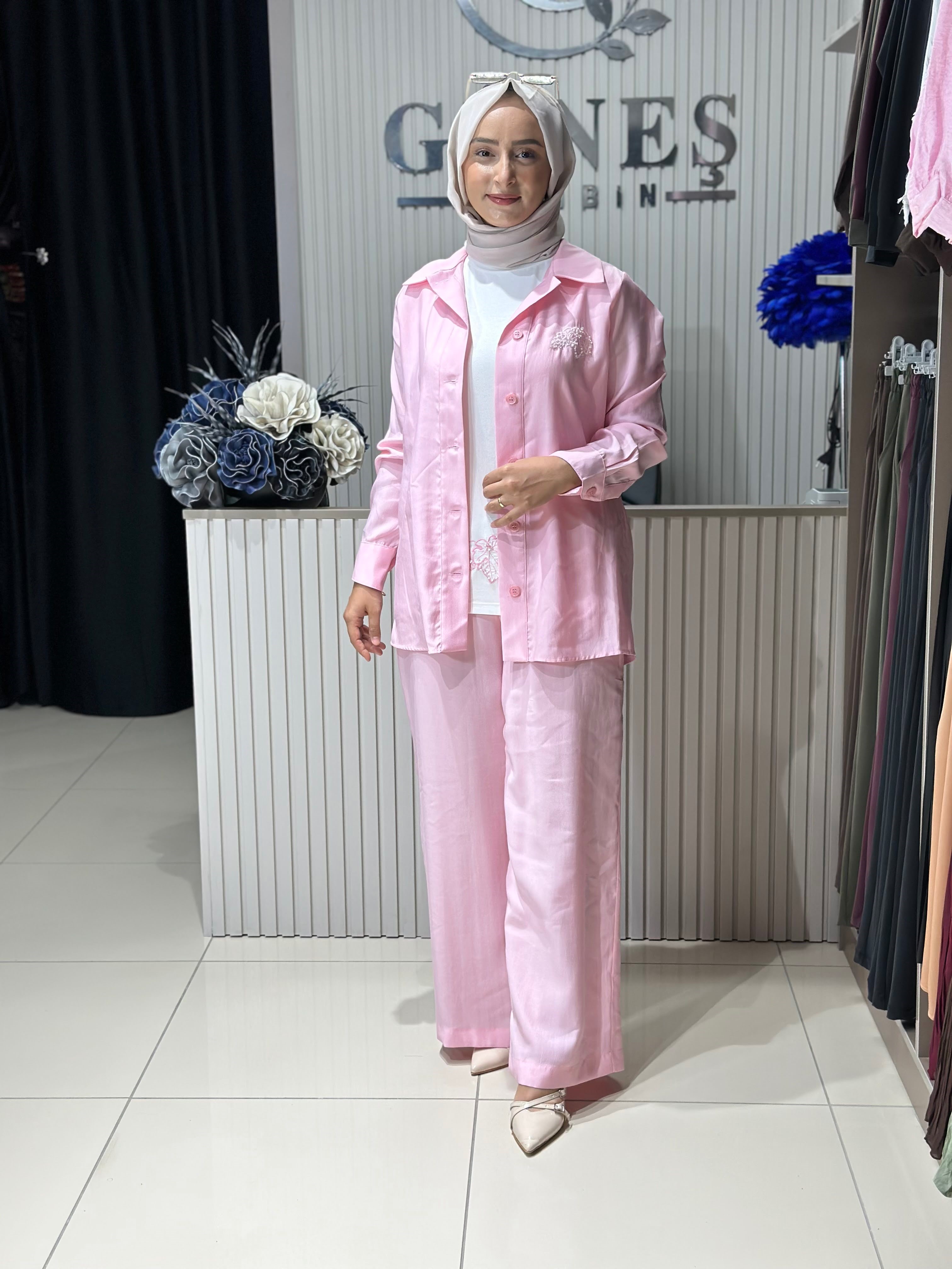 Güneş Kombin İşleme Detaylı Üçlü Takım Pembe