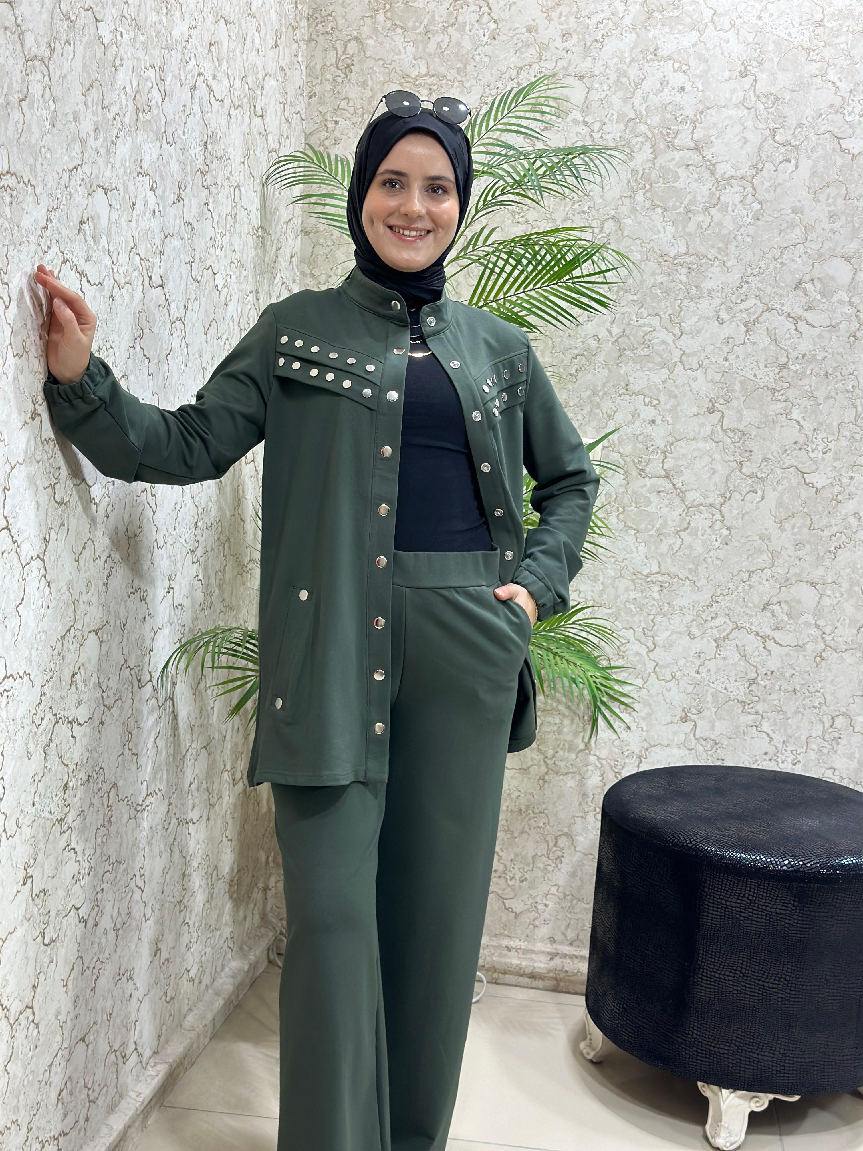 Güneş Kombin Özel Tasarım Tesettür İkili Takım Haki