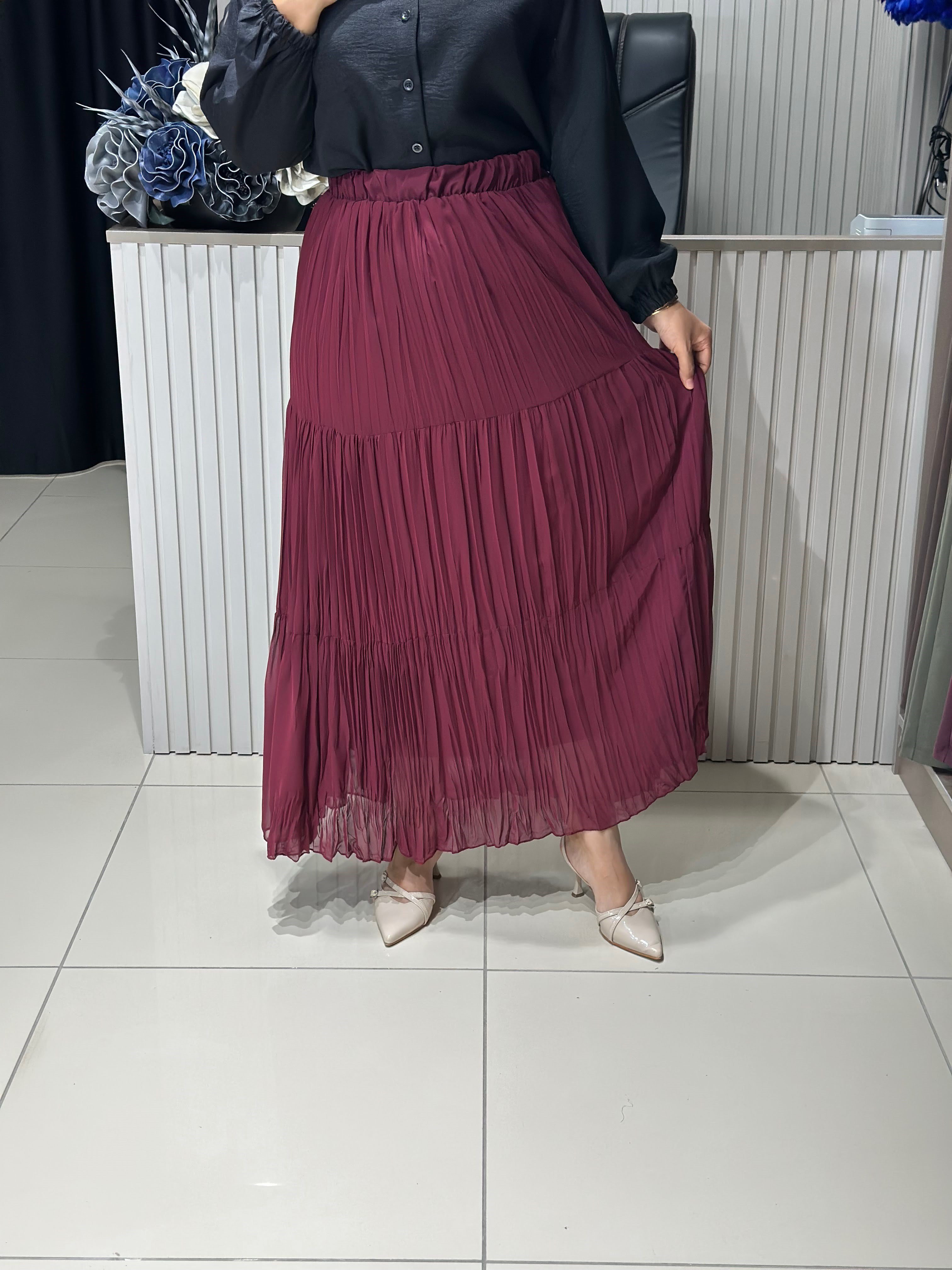 Güneş Kombin Şifon Etek Bordo