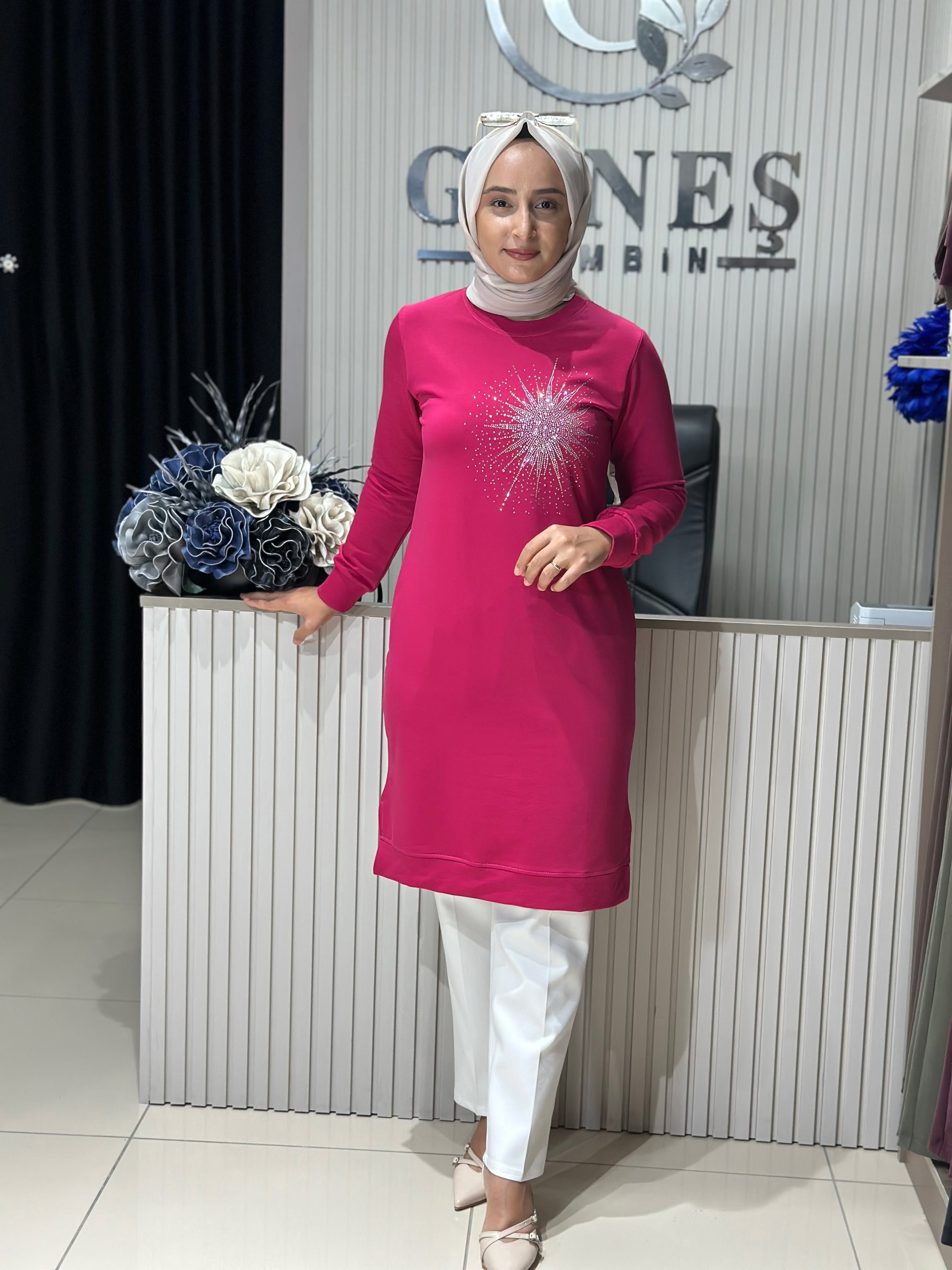 Güneş Kombin Tasarım Güneş Taş Baskı Tunik Fuşya
