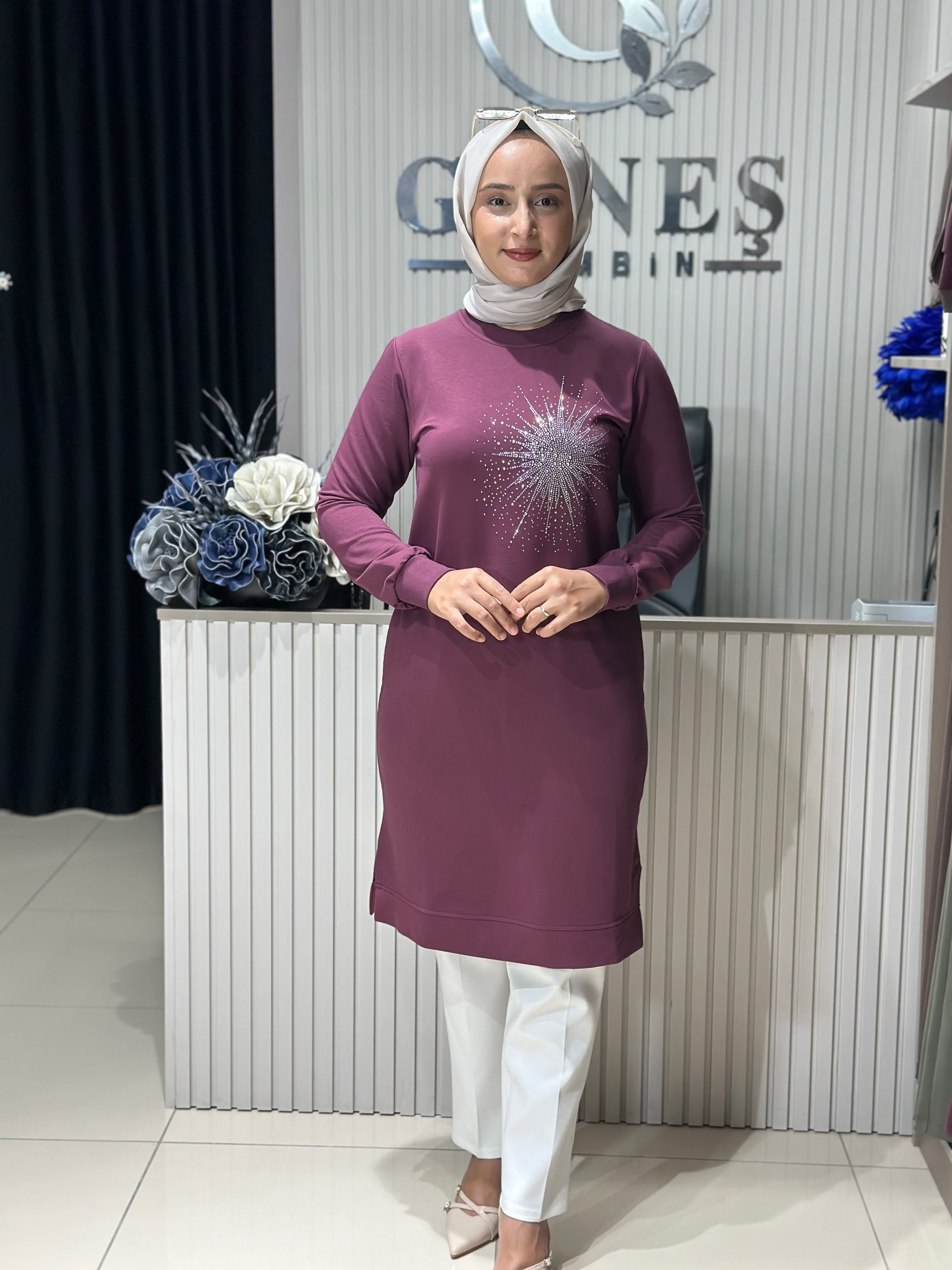 Güneş Kombin Tasarım Güneş Taş Baskı Tunik Mürdüm