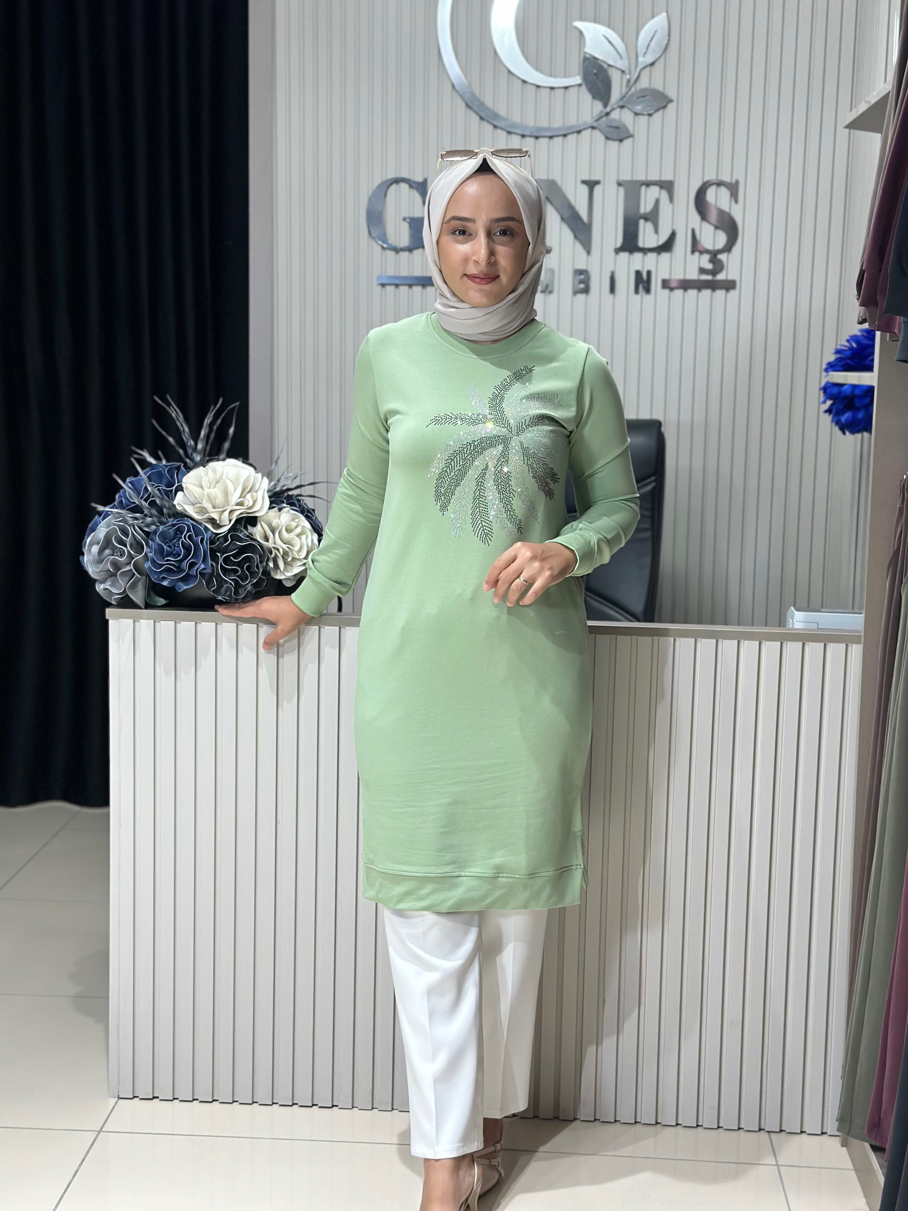 Güneş Kombin Tasarım Palmiye Taş Baskı Tunik Yeşil
