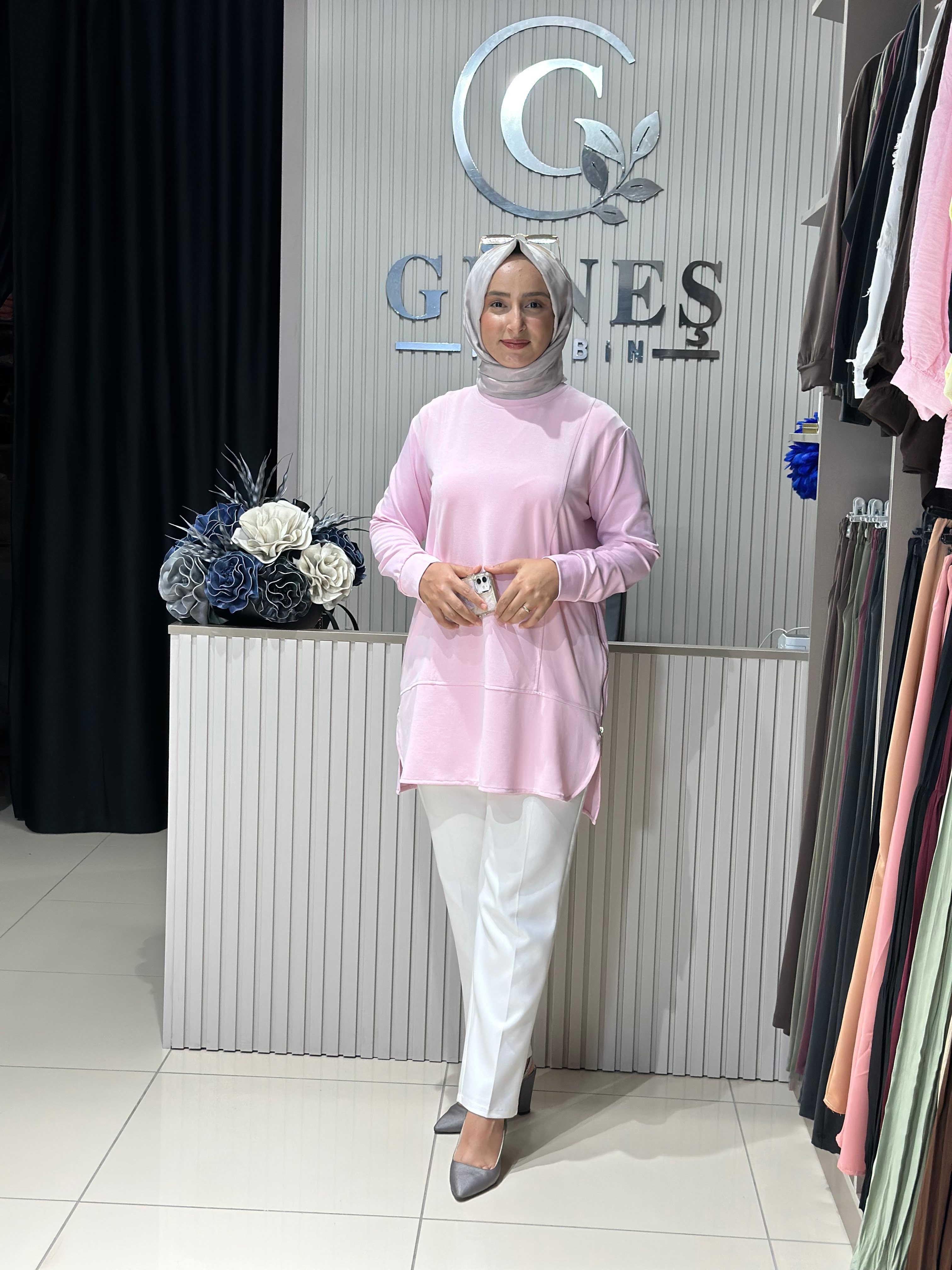 Güneş Kombin Yandan Fermuar Detaylı Tunik Pembe